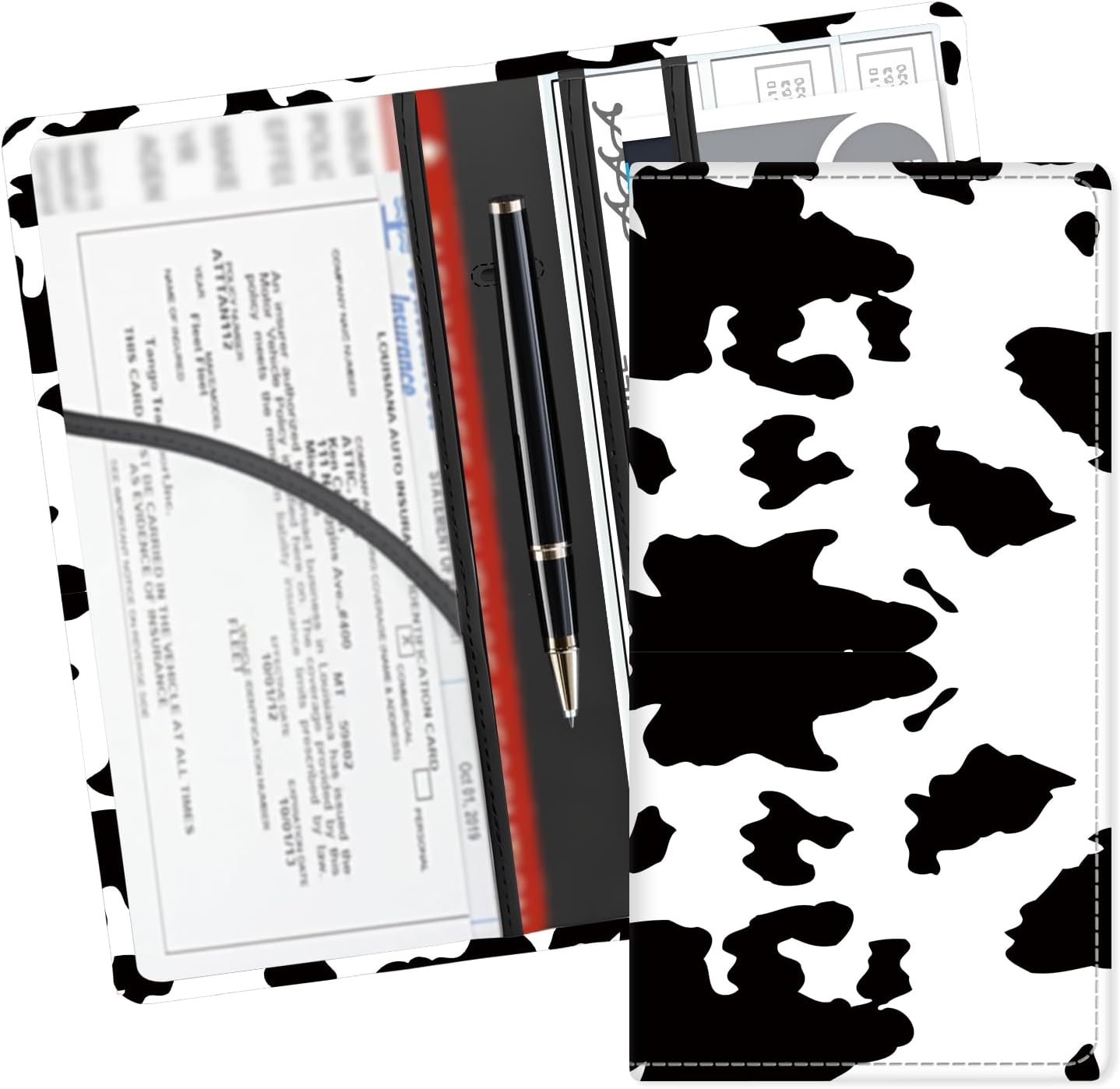 Leather Car Registration and Insurance Card Holder, Cute Car Accessories Vehicle Glove Box Car Organizer for Documents, Cards, License Black White Cow