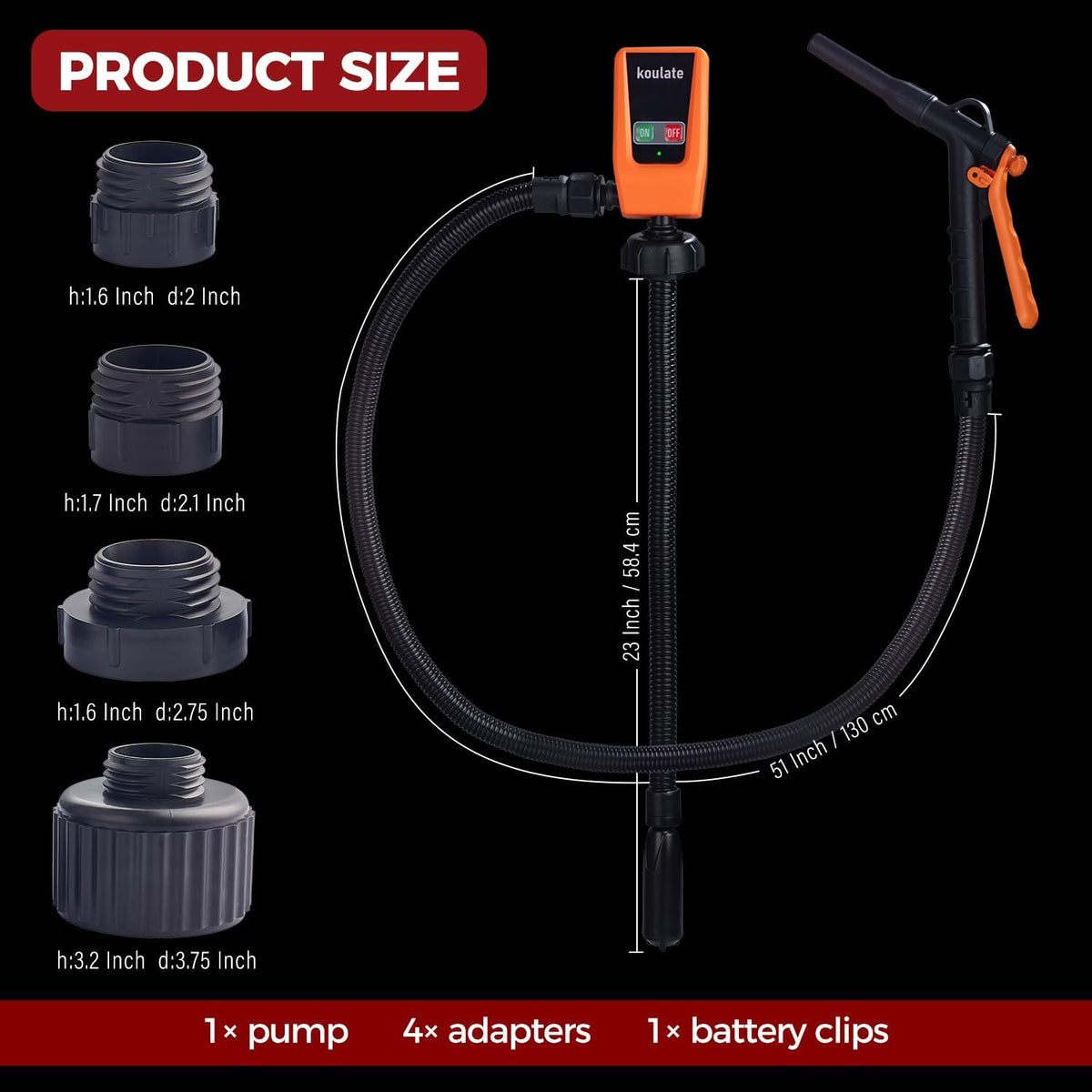 Portable Fuel Transfer Pump, 12V/AA Battery Powered, 3.2 GPM with 51” Hose & 4 Universal Adapters, for Gas, Diesel, Oil – for Car, Boat, Tractor, Lawn Mower, Emergency Kit(orange)