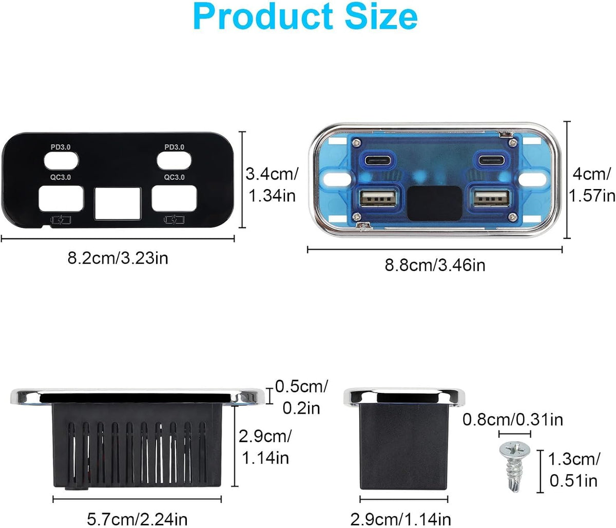 Linkstyle 12V USB Outlet Panel, 4-Port Car Charger with Dual 20W PD USB-C & Dual 18W QC3.0 Ports, Built-in Voltmeter, 12V/24V RV Charging Panel for Camper Travel Trailer