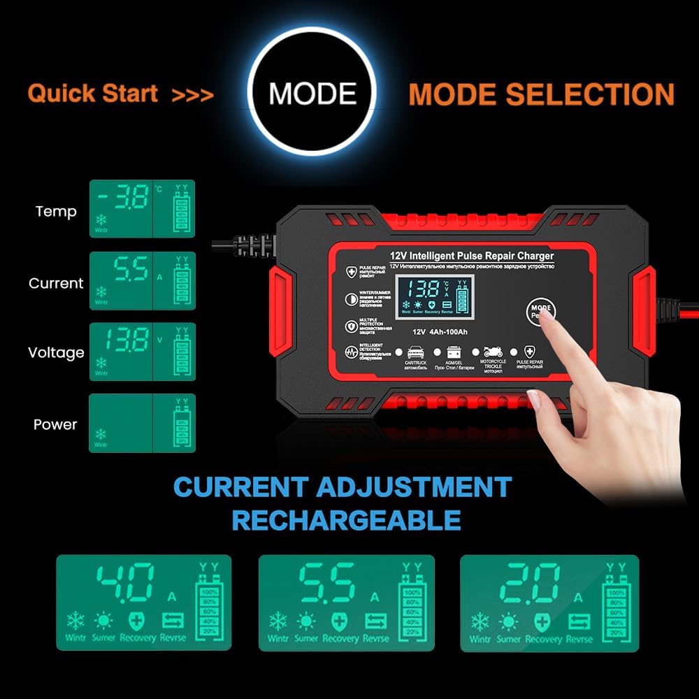 12V Smart Battery Charger for Toyota CHR 2017 2018 2019 2020 2021 2022, Car & Motorcycle Battery Charger, LCD Display, Auto Stop, Seasonal Charge, Multi-Protection,B Red