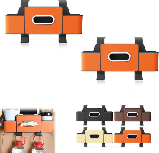 3 in 1 Car Backseat Organizer with Cup Holder, Leather Multifunctional Seat Back Storage with Tissue Box, Phone Holder and Hooks, for Hold Phones, Snacks, Drinks, and Handbags (Orange,2PCS)
