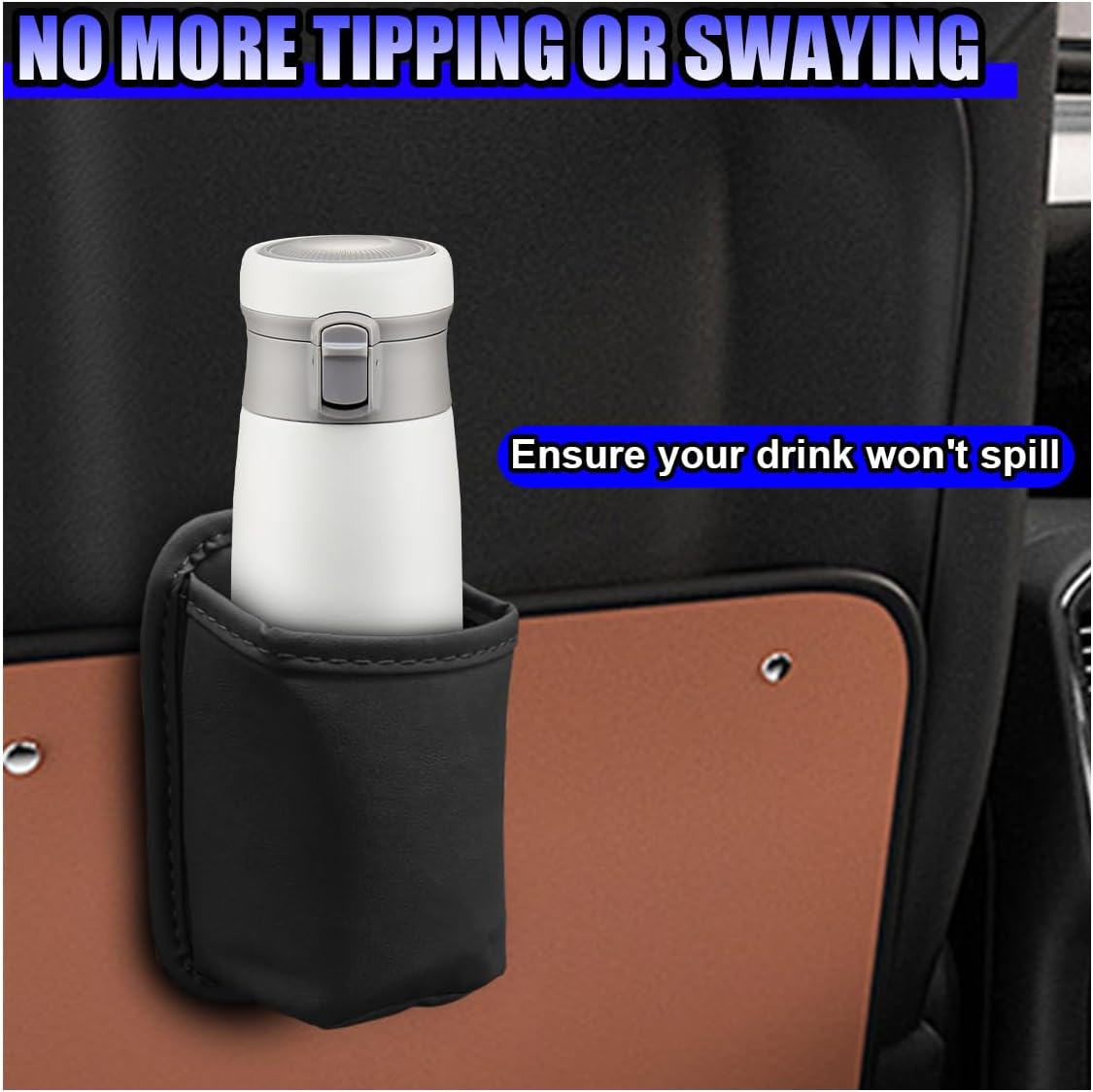 2PCS Large Cup Holder for Car Door - Clip On Vehicle Hanging Water Bottle Drink Holder Car Back Seat Pocket - Scratch-Resistant PU Leather Beverage Storage Organizer for Cars Trucks (Black)