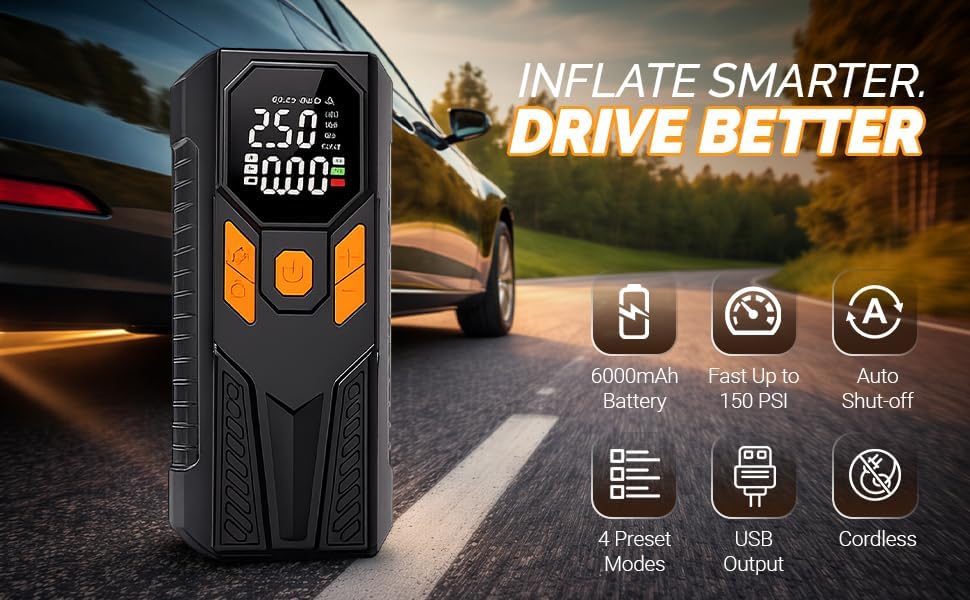 Brodys Tire Inflator Air Compressor, 6000mAh Cordless/12V DC 150PSI Pump