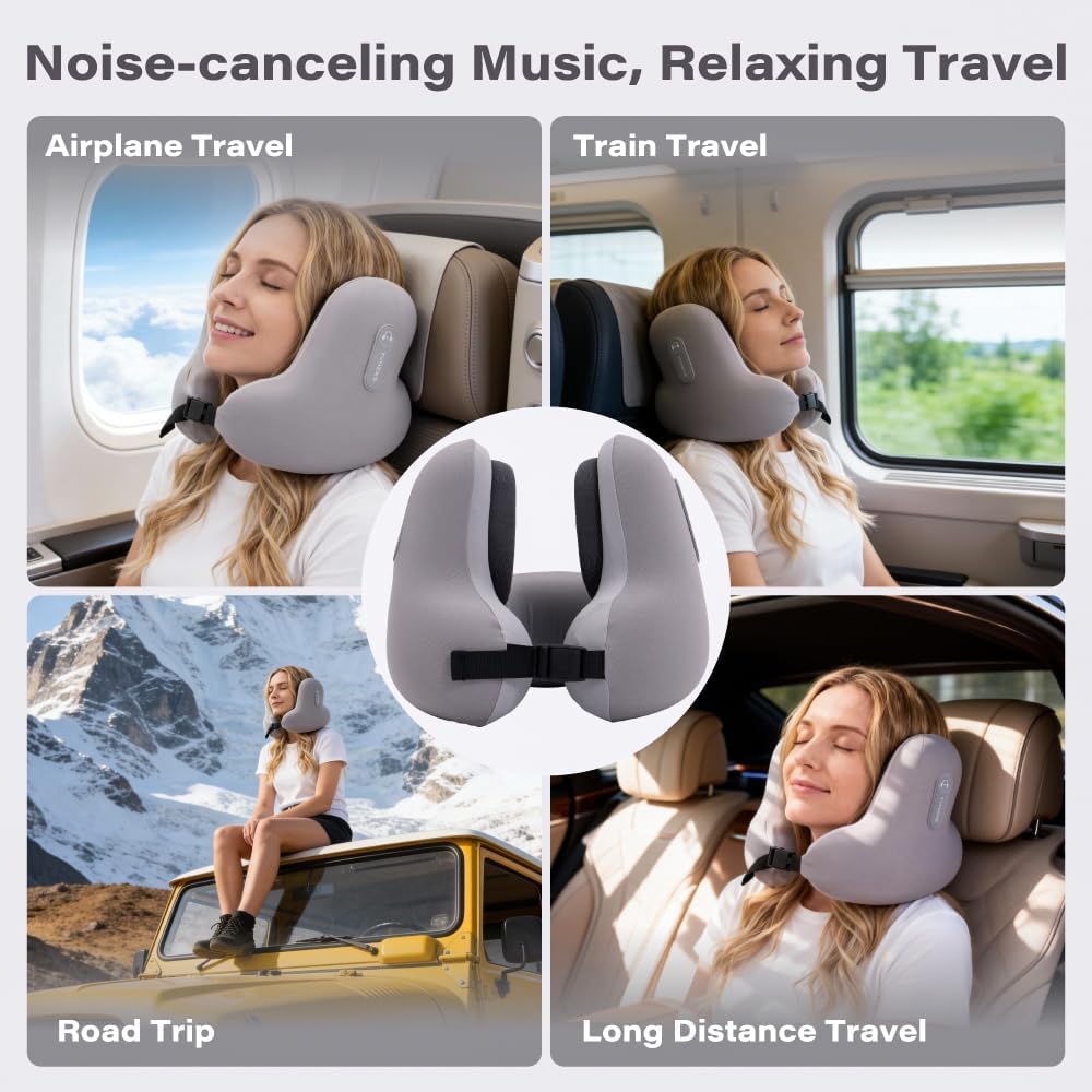 Neck Travel Pillows for Airplanes with Bluetooth, Premium Memory Foam Neck Pillow, Noise Reducing Travel Pillow for Long Flight, Office, Cars, Home, Sleeping and Rest, Gray