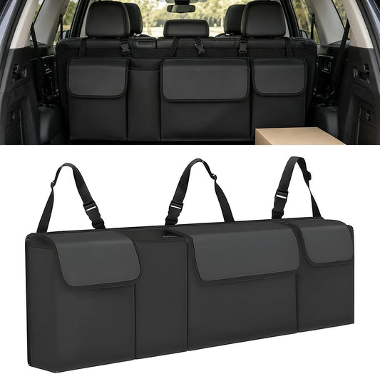 Car Trunk Organizer, Waterproof Backseat Hanging Large Storage with Adjustable Straps, Collapsible Cargo Bag with 4 Pockets, Sturdy Space Saver Frees Trunk Floor for SUV, Truck, MPV (Black)