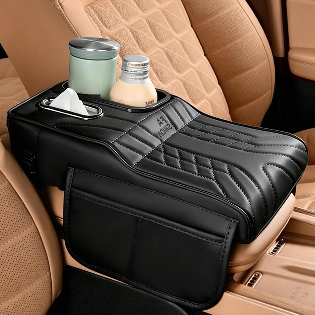 Upgraded Car Center Console Cover,PU Leather Car Armrest Cover Cushion Contains High Elasticity Sponge with Cup Holder,2 Storage Bags Tissue Box (Black-B)