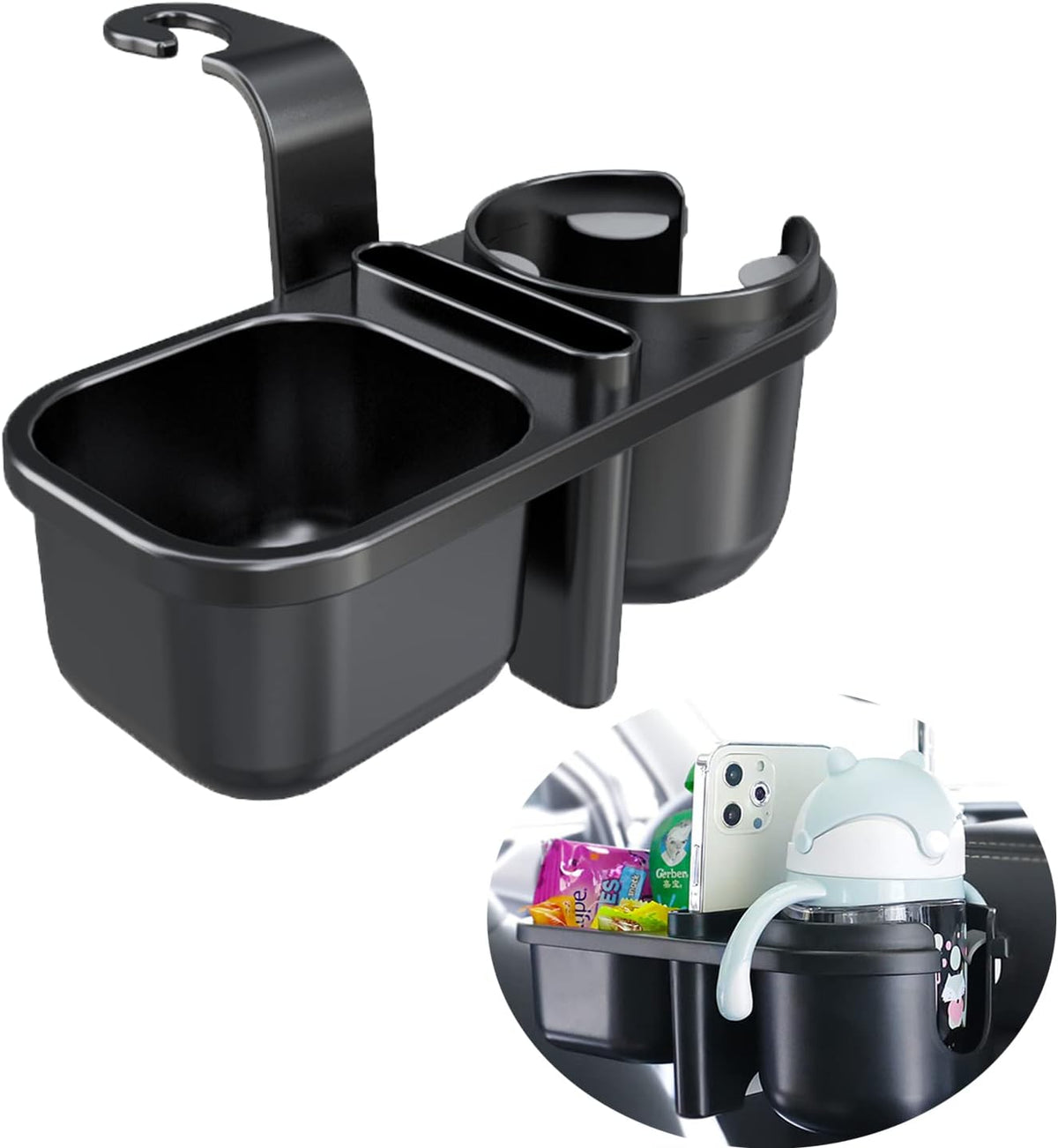 Headrest Backseat Organizer With Cup Holders, 3 in 1 Back Seat Holder With Hook, Organizer for Kids, Food Table or Sauce Holder, Car Travel Accessories