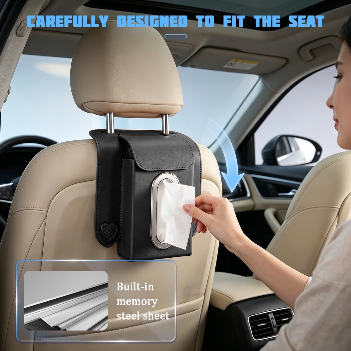 Car Tissue Holder, Multifunctional Vehicle Seat Back Hanging Tissue Box with Storage Hook, Automotive Interior Backseat Napkin Organizer, Universal for SUV Automobile Truck (Black)