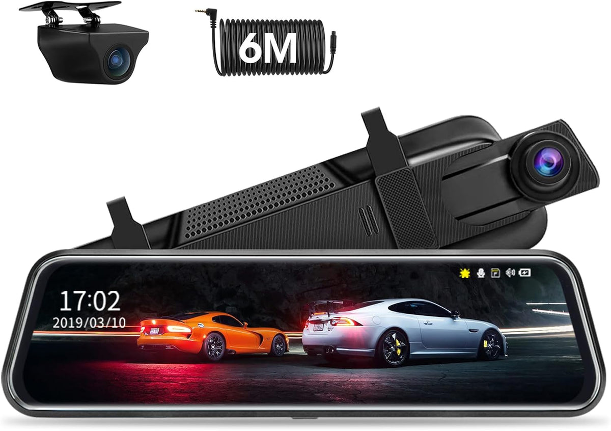 Upgraded 10'' Rear View Mirror Camera Mirror Dash Cam Front and Rear 1080P Backup Camera Full Touch Screen w Loop Recording, G-Sensor Night Vision 170° Wide Angle