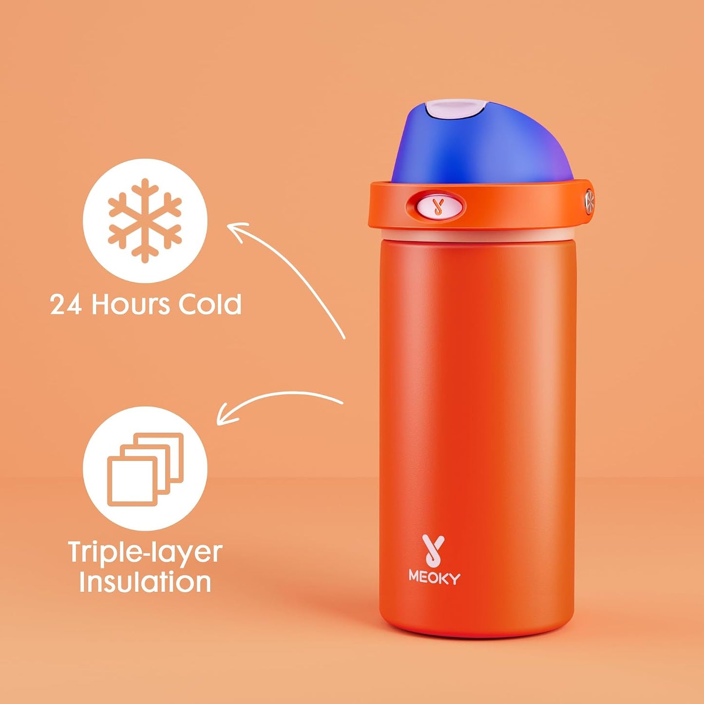 18 oz Insulated Water Bottle for Kids: Meoky Metal Water Bottle with 2-in-1 Straw and Spout Lid - Leak Proof, Cold for 24 Hours, BPA-Free for Boys School Sports, Blue Citrus