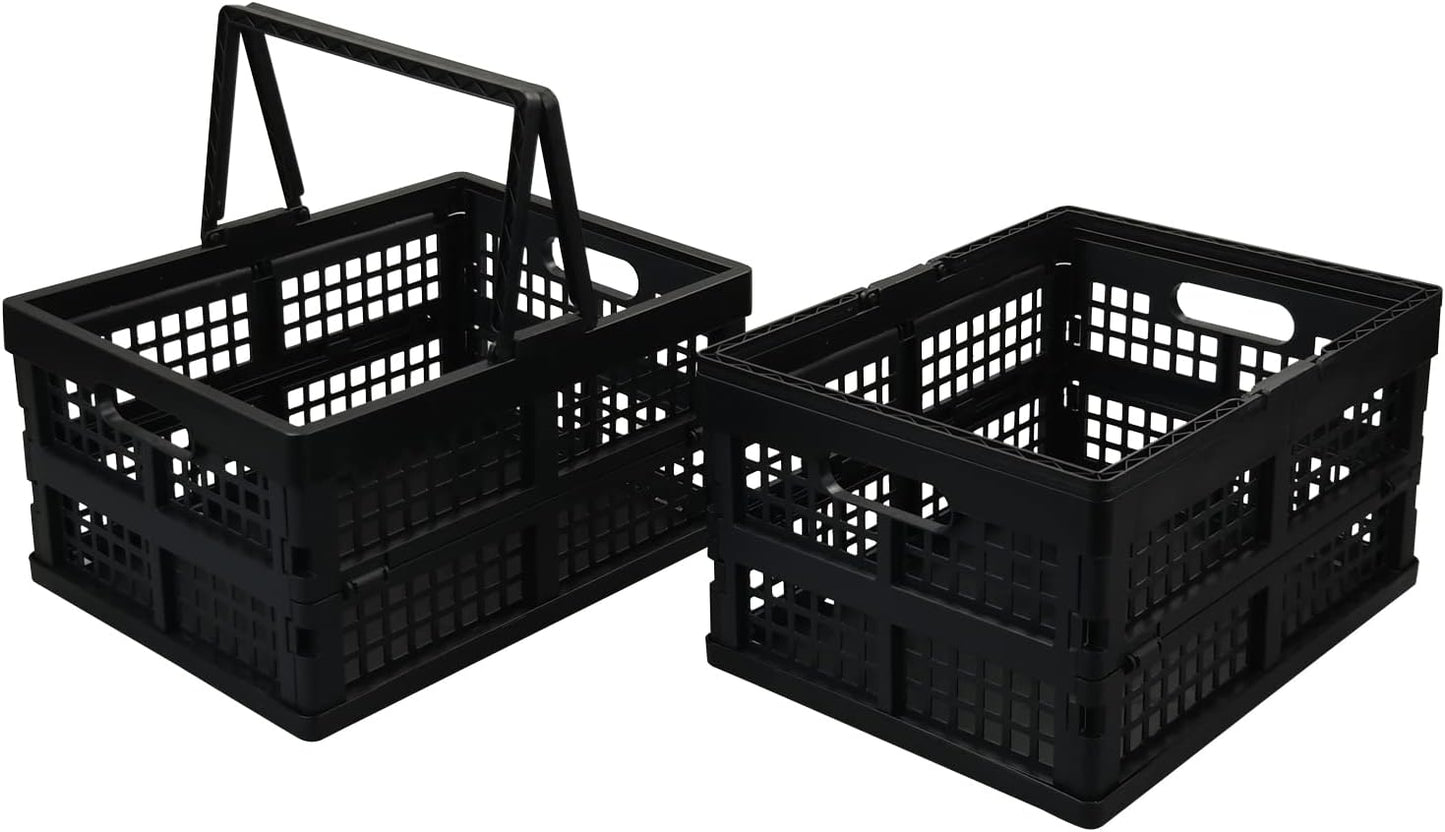 Collapsible Folding Storage Crates 2-Pack, 15L Stackable | Plastic Utility Bins with Handles, Space-Saving Fold-Flat Design, Heavy-Duty Black Crates for Home, Car, Camping