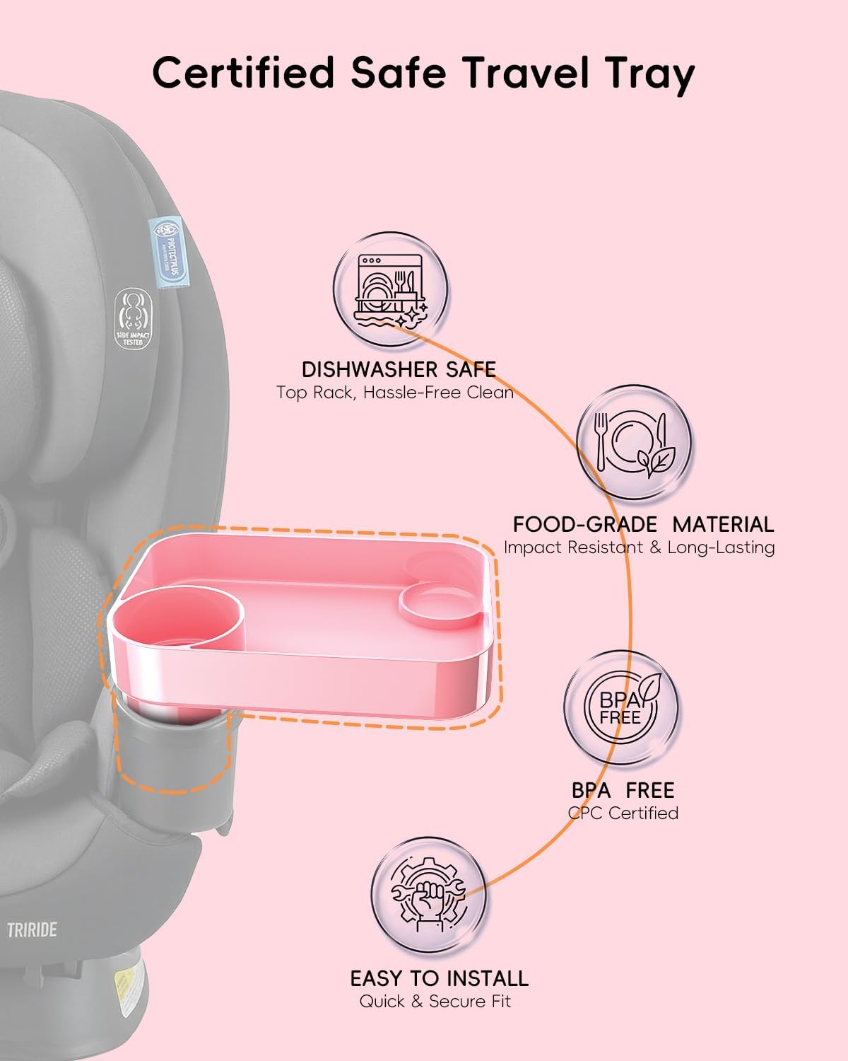 Toddler Car Seat Snack Tray - 3 Inch Cup Holder with Dip Well Fits Most Sippy Cups & Straw Bottles, Mess-Free Square Kids Travel Tray Road Trip Essentials, Pink