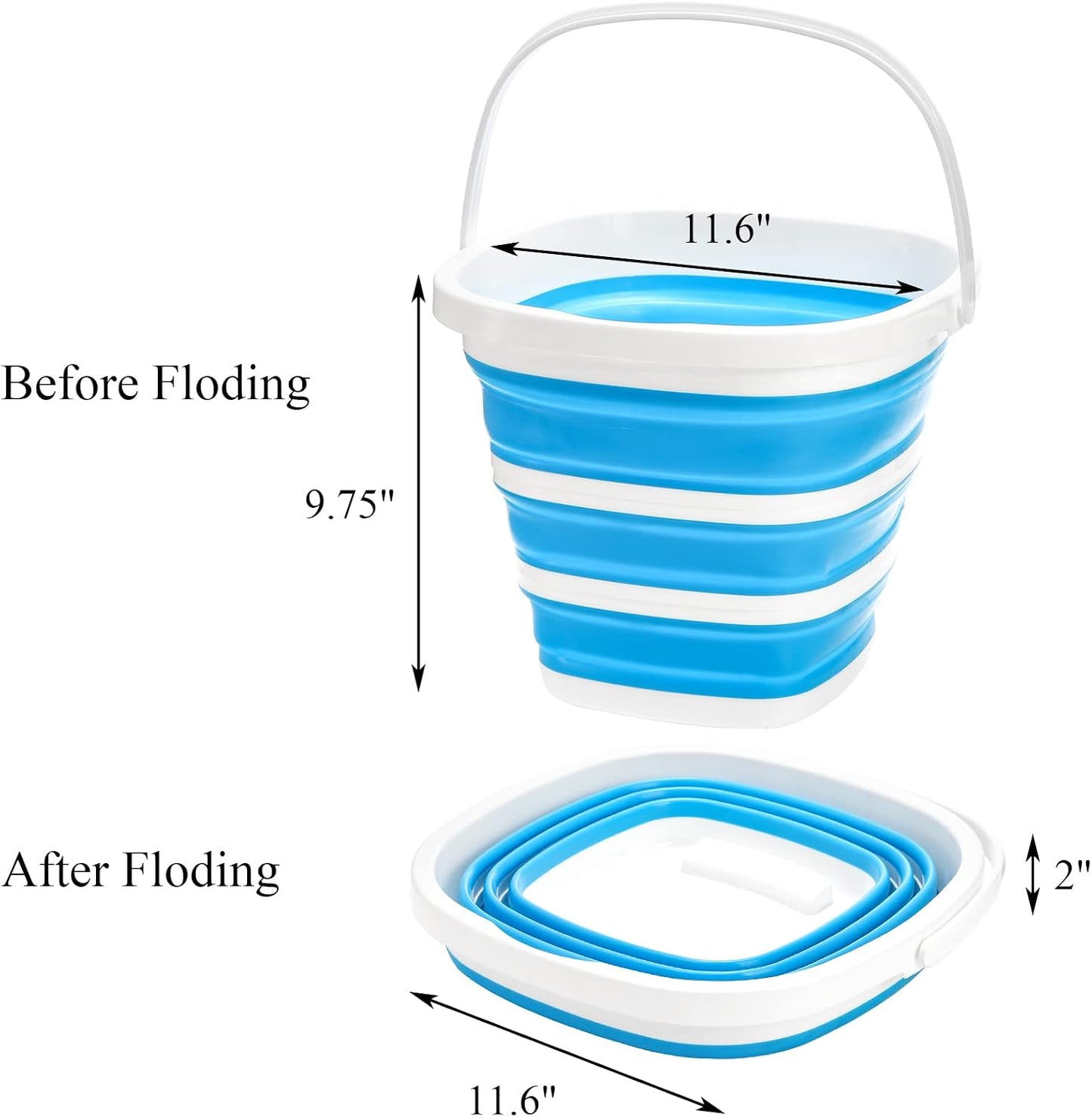 Fasmov 2 Pack Collapsible Plastic Bucket, Portable Cleaning Bucket with Handle, 2.6 Gallon (10L) Foldable Rectangular Tub for Hiking, Backpacking, Camping, Fishing, Car Wash, Gray & Blue