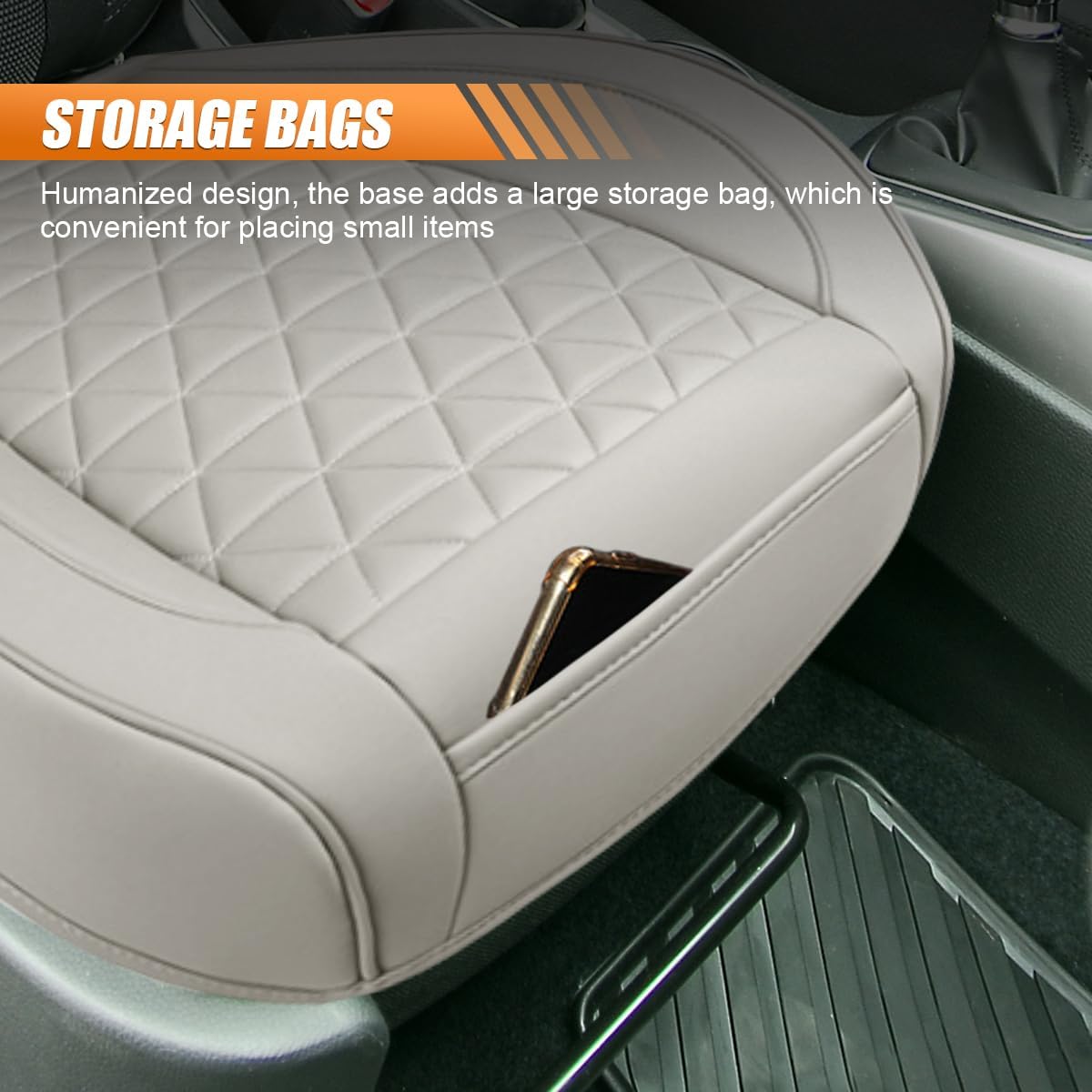 Luxury Faux Leather Car Seat Cover, Car Seats Cushion, Grey | Anti-Slip Waterproof Universal Front Bottom Seat Protector with Storage Pocket for Sedans, SUVs, Trucks, Triangular Pattern