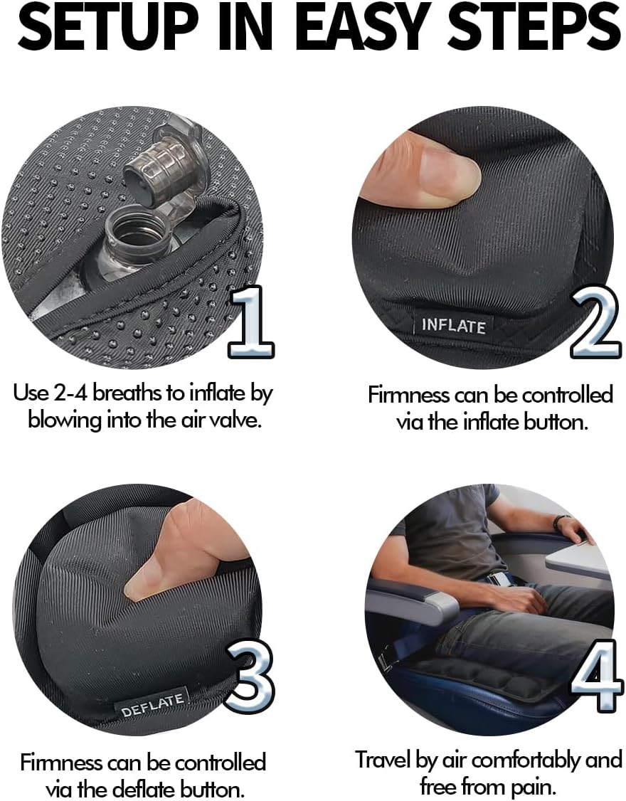 Soundur Travel Cushion Airplane Seat,Inflatable Air Bubble Design with Storage Bag for Car/Office/Kitchen Chairs.42 Air Cells, Adjustable Firmness, Non-Slip Bottom