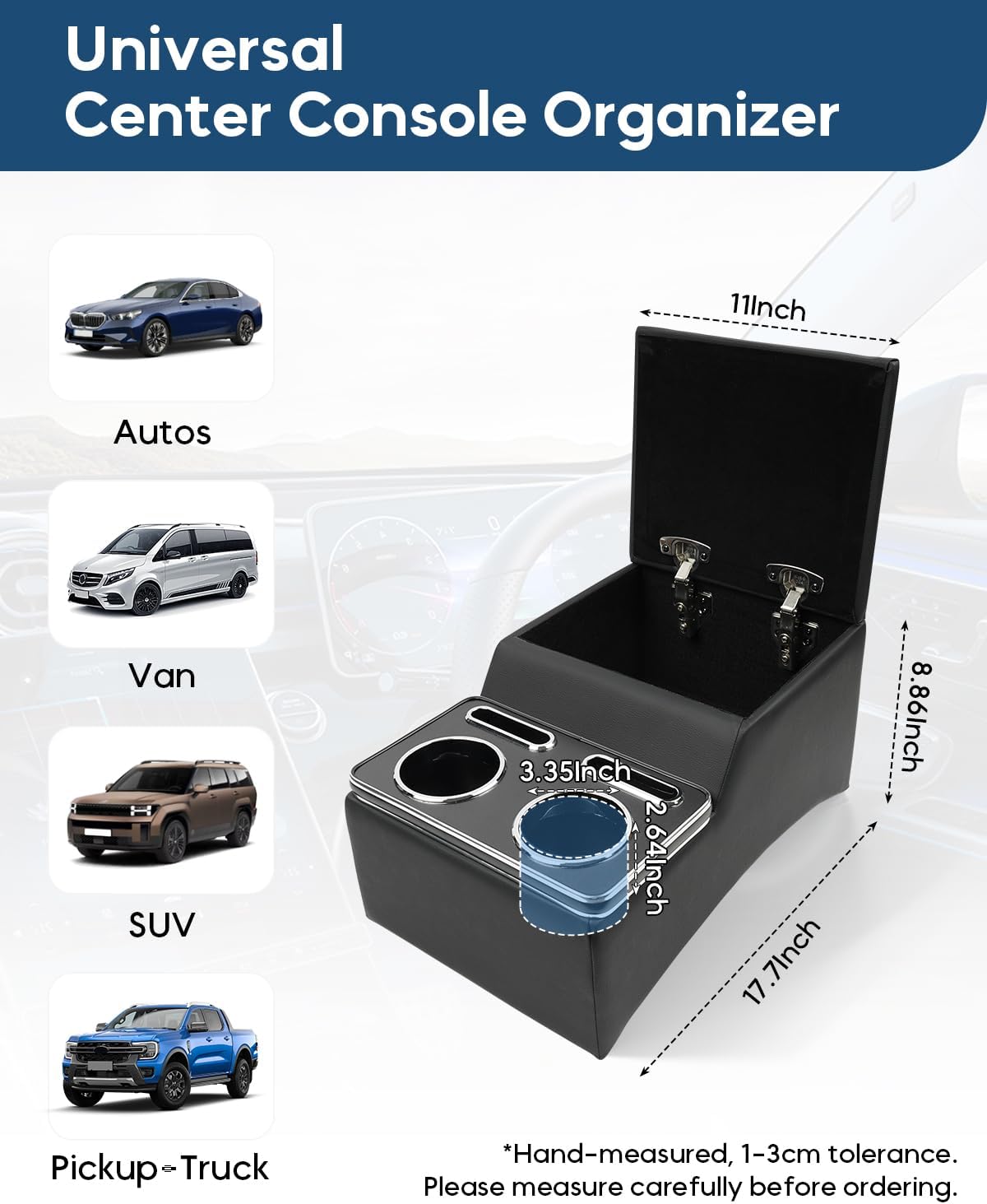 Bench Seat Center Console Organizer, Cup & Phone Holder, Universal