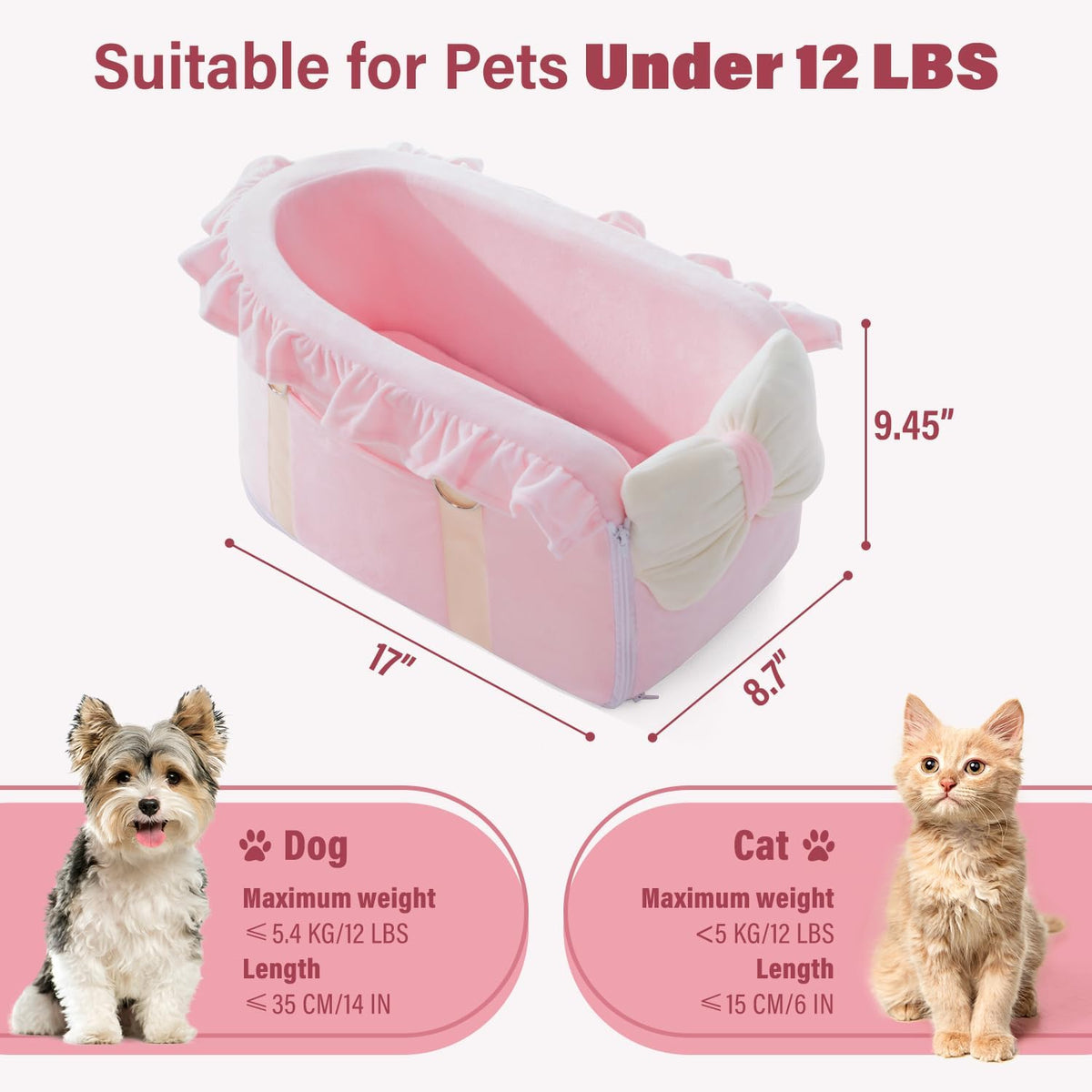 Jaoul Dog Car Seat for Small Dogs - Fully Detachable with Adjustable Straps Center Console Dog Booster Seat - Comfortable Bow Design Pet Car Seats - Portable Pet Booster Seat for Puppy, Cat (Pink)
