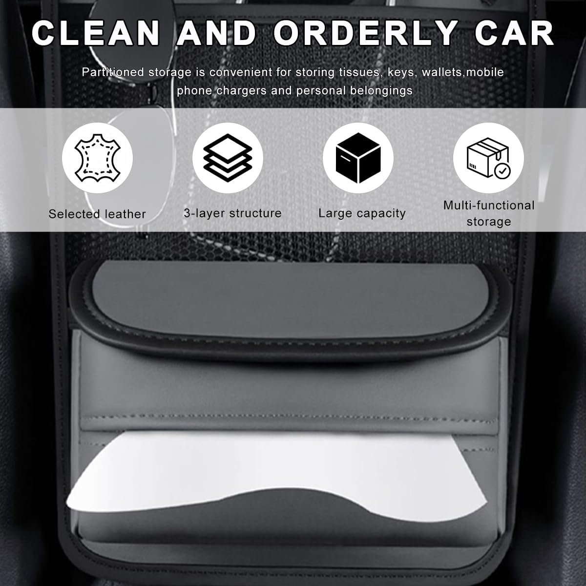 Car Purse Holder Between Seats, Nappa Leather Front Seat Storage Bag with Tissue Holder, Large Capacity Automotive Console Organizer for Document Phone Wallet, Car Accessories (Gray)