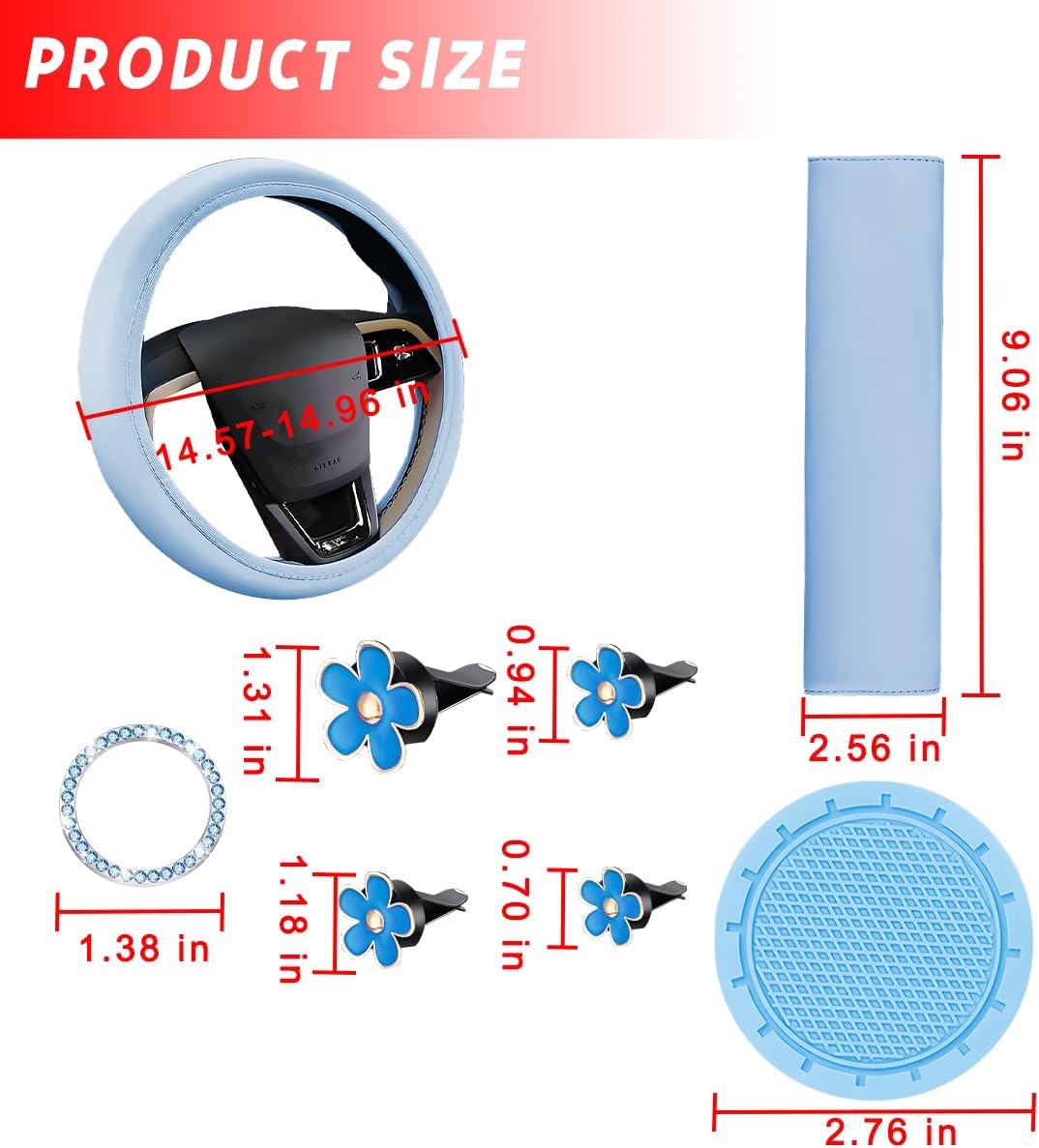 10PCS Car Accessories Set, Vehicle Steering Wheel Cover Seatbelt Protector Cup Holder Coaster Push Start Button Cover Flower Auto Air Vent Clip, Universal for SUV, Truck, RV (Blue)