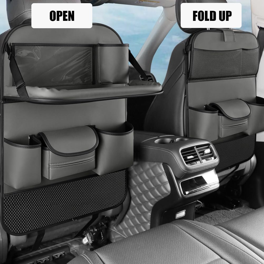 2PCS Car Backseat Organizer Seat Back Protectors Kick Mats with Foldable Table Tray, PU Leather Car Storage Organizer with Tablet Holder, Car Tissue Holder Kids Toys Storage Travel Accessories (Gray)