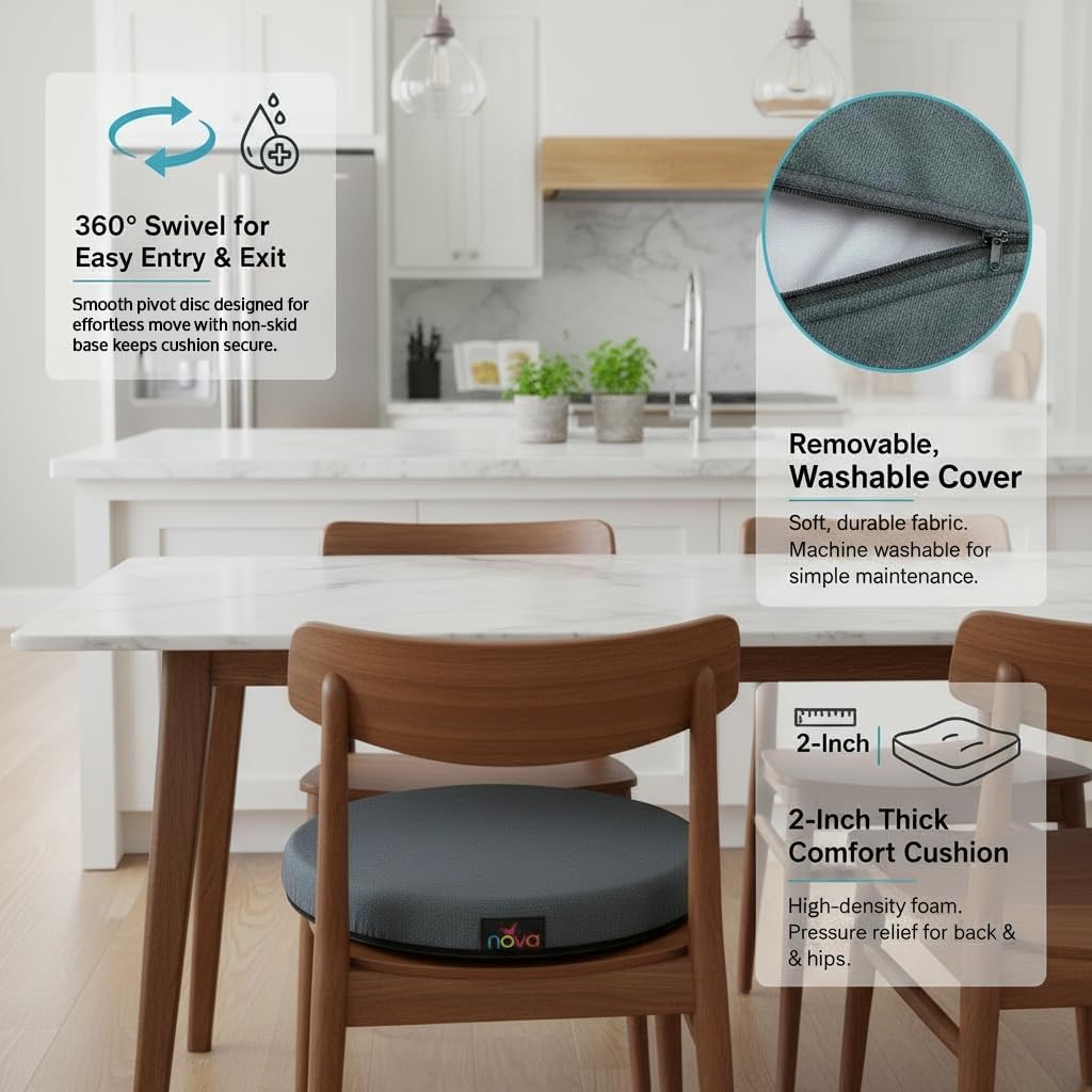 NOVA Padded Swivel Seat Cushion 360° Rotating Car Mobility Aid – Easy Entry & Exit for Chair, Auto, Home – Hip & Back Pressure Relief – Non-Skid Base, Washable Cover