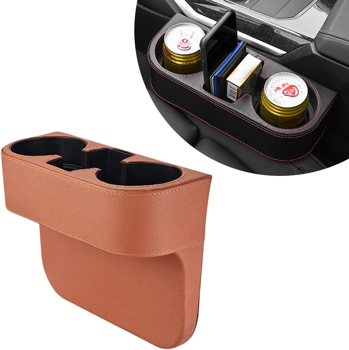 DXNQ Car Cup Holder Gap Filler Organizer, Multifunctional Auto Front Console Gap Filler with Cup Holder, Leather Extra Cup Holder Storage Box for Car Truck SUV, Car Accessories (Black/Plastic)