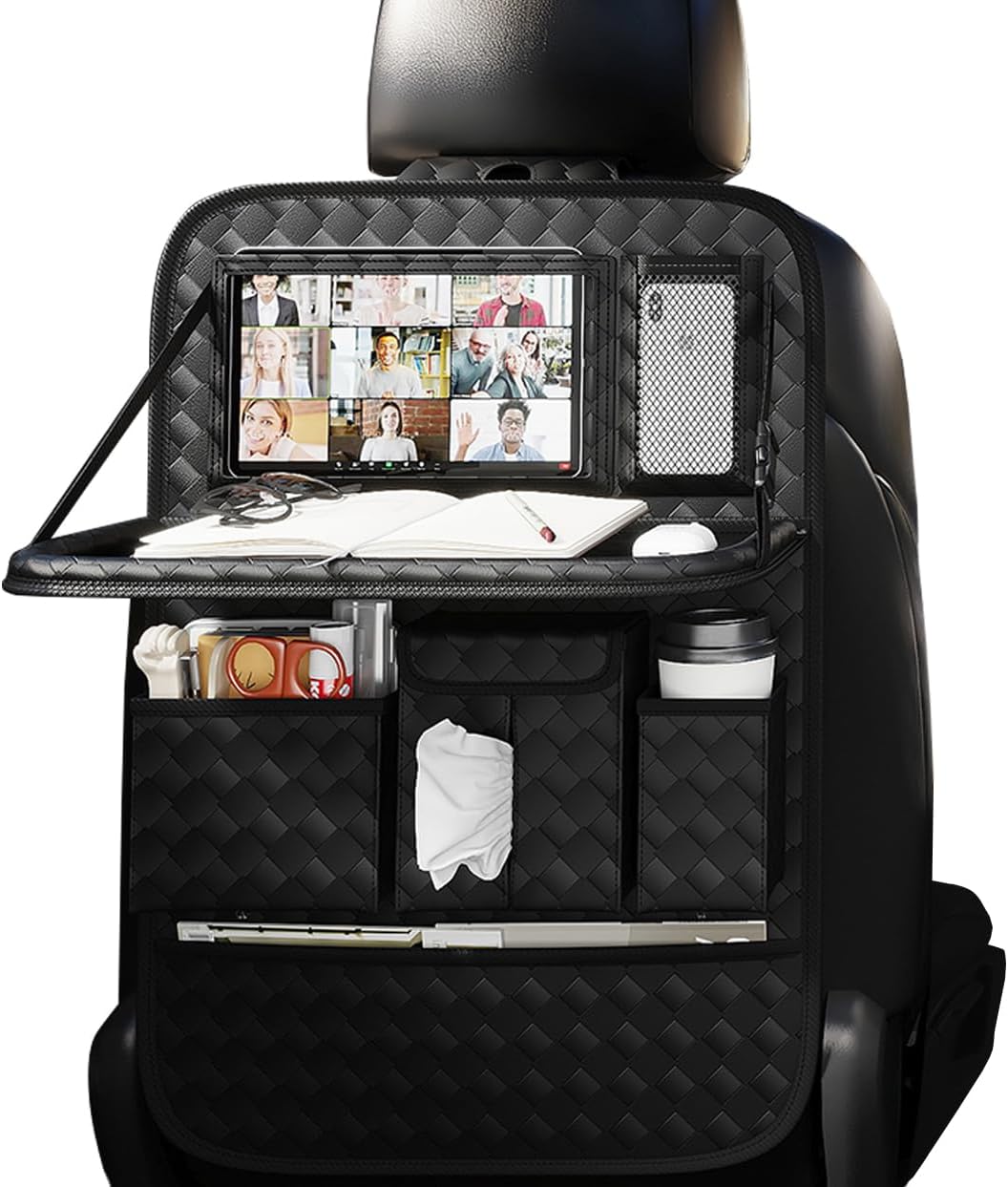 XDV Car Seat Organizers,Multi-functional Back Seat Protectors, Storage Pouches, and Tray Holders (for Cars, Kids, Seat Back and Rear Seats) (Woven Black, 1 Pcs)