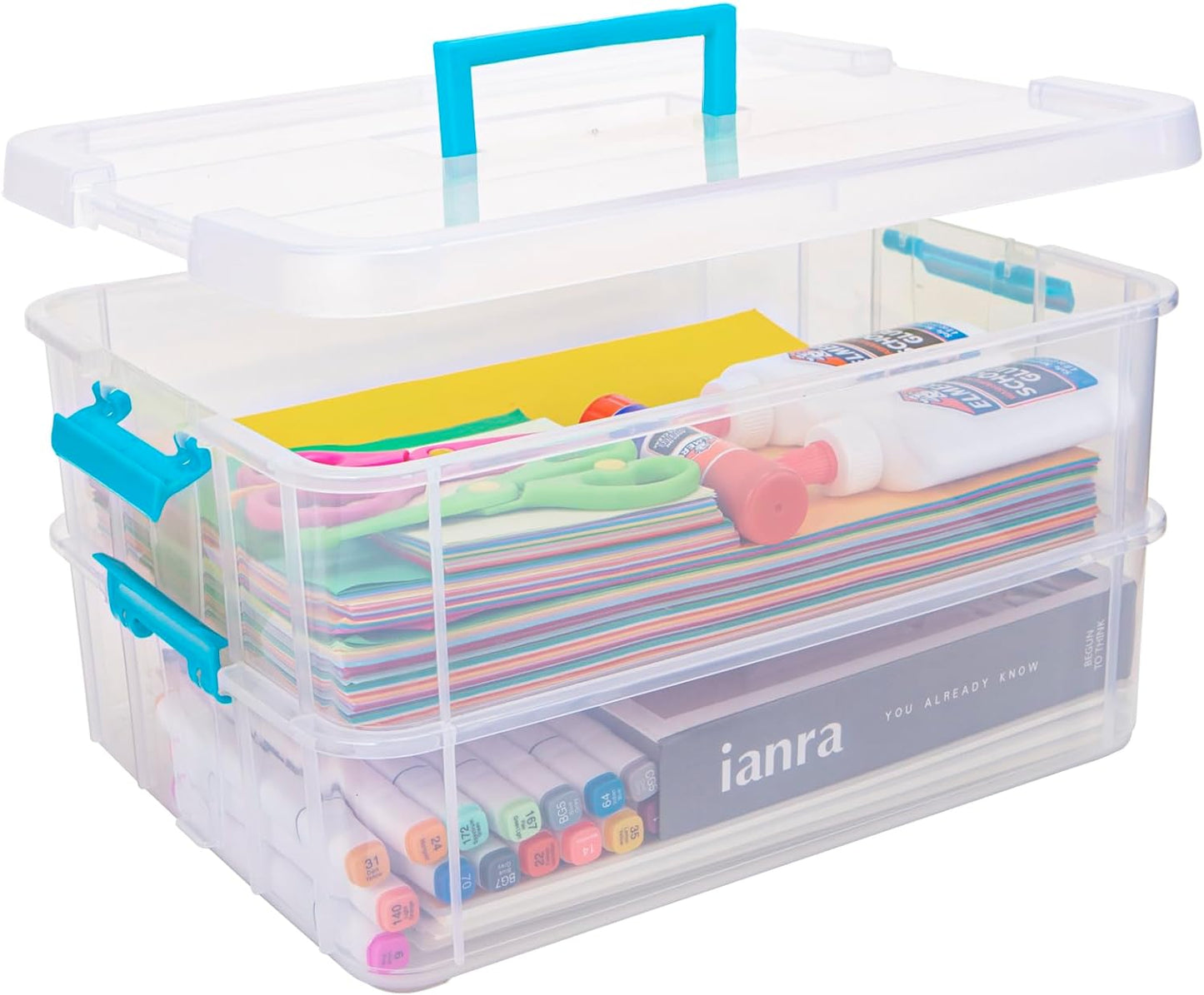 TERGOO 2 Layer Plastic Storage Containers with Lids, Multipurpose Clear Stack & Carry Box, Portable Craft Organizers and Storage Bin for Organizing Art & Craft, Sewing, Makeup, Nail Supplies (Purple)