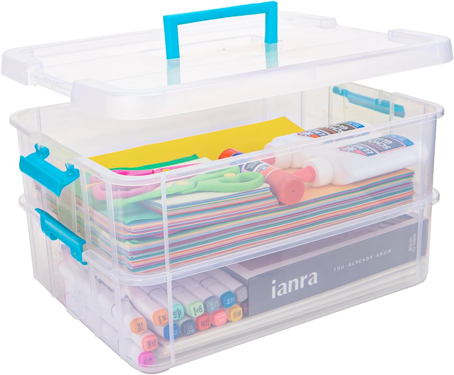TERGOO 2 Layer Plastic Storage Containers with Lids, Multipurpose Clear Stack & Carry Box, Portable Craft Organizers and Storage Bin for Organizing Art & Craft, Sewing, Makeup, Nail Supplies (Black)