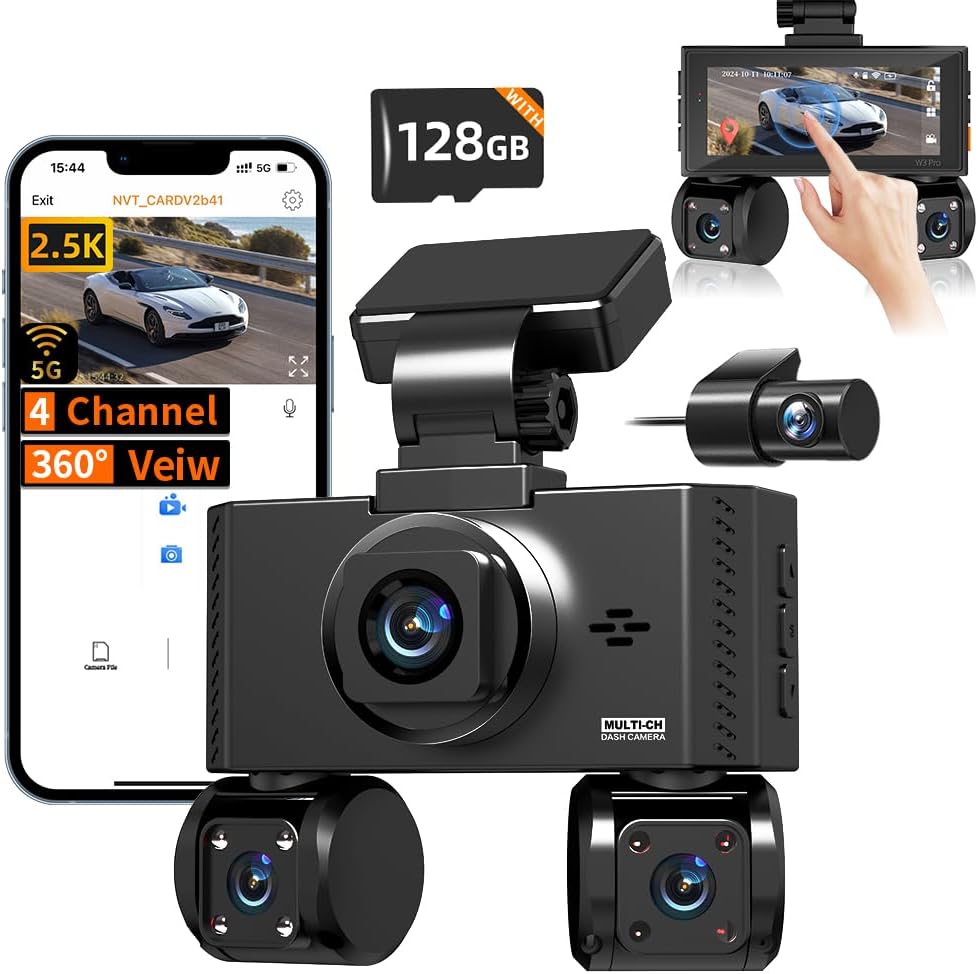 4 Channel Dash Cam Front and Rear Inside Left Right Car Dash Camera 360 View, 2.5K QHD Car Camera Supper Night Vision, 5G WiFi 3.16” IPS Touch Screen, G-Sensor,24H Parking Mode Free128G Card 256G Max