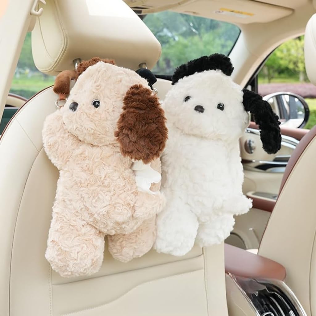 Plush Puppy Car Tissue Box Holder – Cute Crawling Dog Design, Hanging or Dashboard Use, Soft Style Organizer for Vehicle Interior (Sheep)