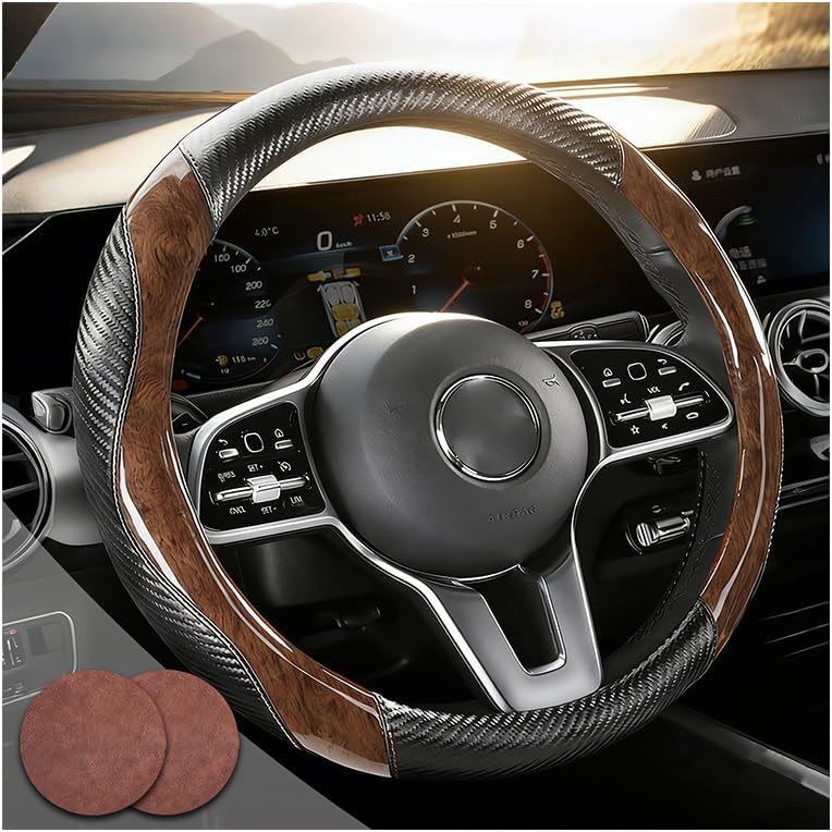Wood Grain Steering Wheel Cover Car Steering Wheel Covers 14.5-15 inch with Coasters Microfiber Leather Splicing Breathable Anti-Slip Durable Universal Auto Steering Wheel Protective