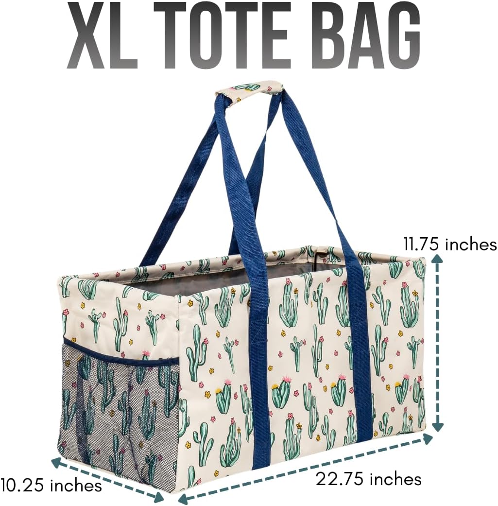Extra Large Utility Tote Bag, Oversized Collapsible Reusable Wire Frame Rectangular Canvas Basket With Two Exterior Pockets For Beach, Pool, Laundry, Car Trunk, Storage - Cactus White