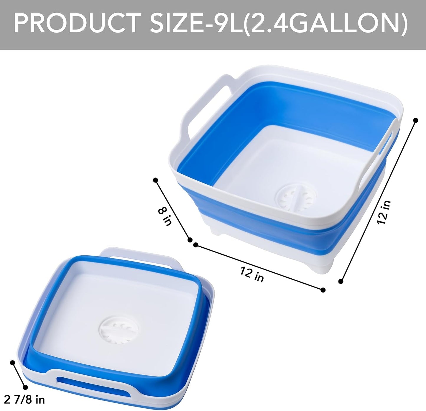 Tiawudi Dishpan for Washing Dishes, 2.4Gal/9L Wash Basin with Draining Plug Carry Handles, Collapsible Bucket for Cleaning, Portable Sink, Foldable Plastic Tub, 1PC