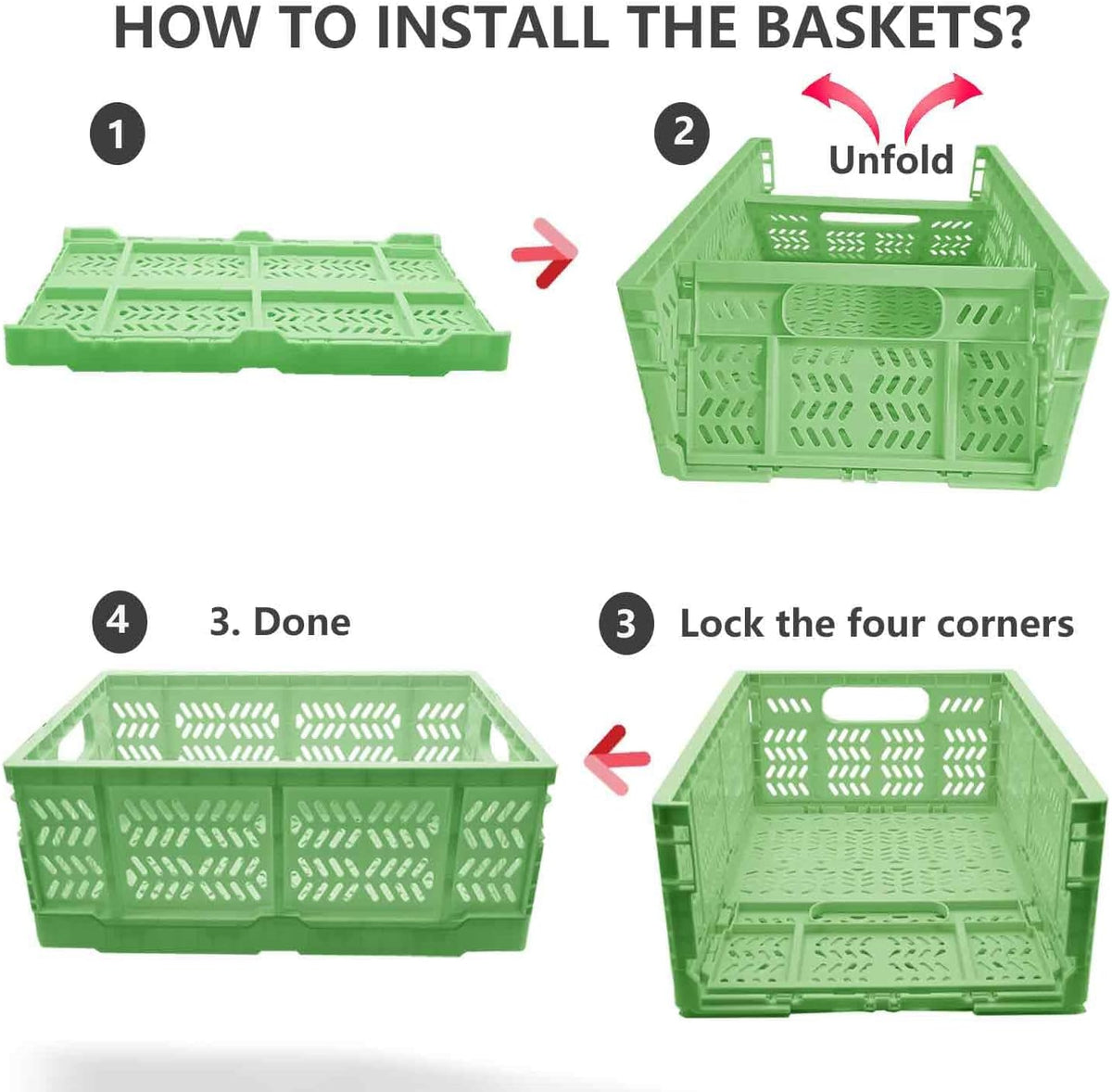 20L Folding Crate, 4Pack Plastic Storage Baskets Organizer for Home and Office,Collapsible Storage Crates for Home Office and Outdoor Organizer. (Green)