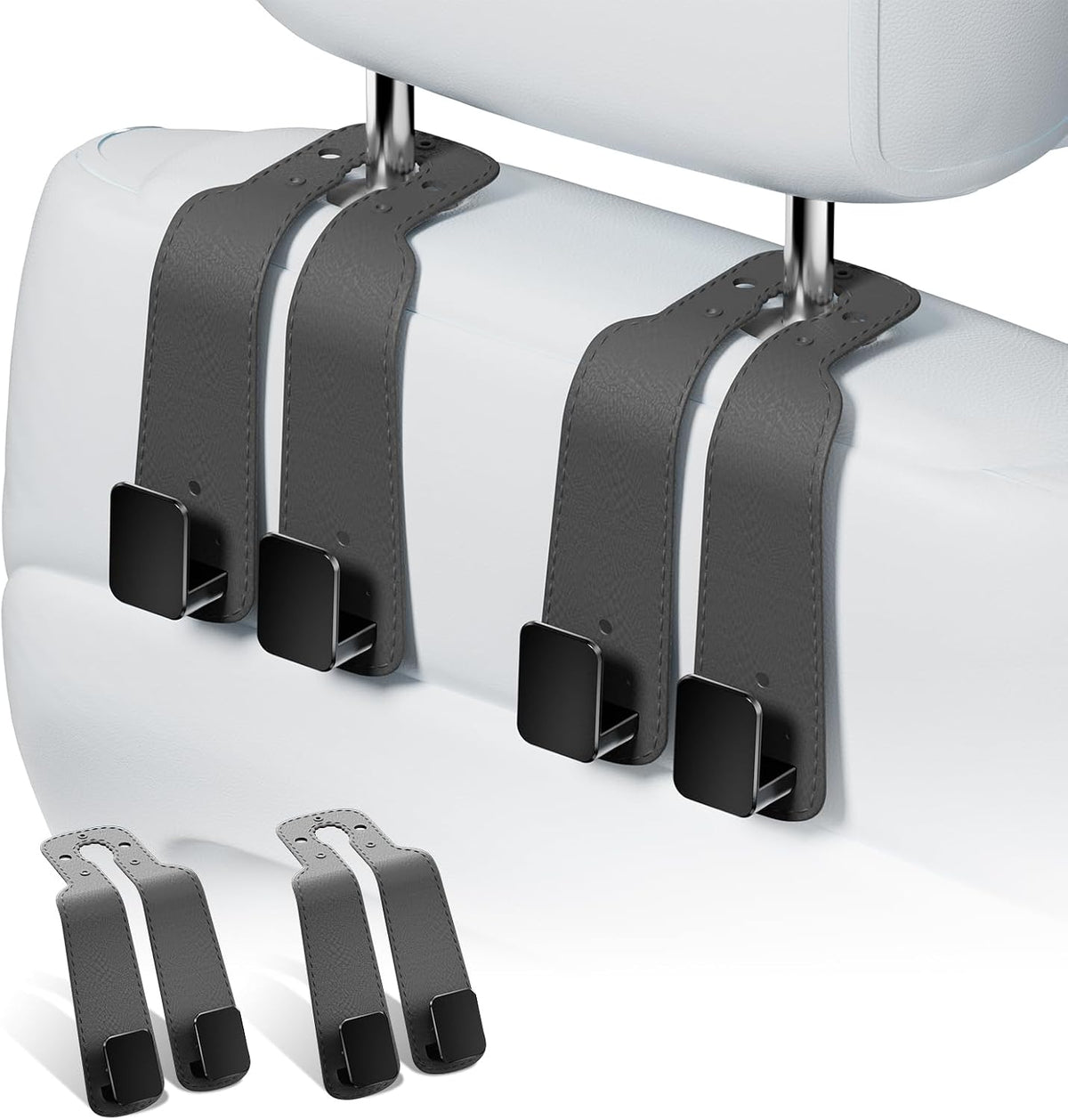 Headrest Hooks For Car, Multifunctional Purse Hook Leather Seat Back Storage Hook Double Metal Hooks Car-Hangers for Seat, 2 Pack (Gray)