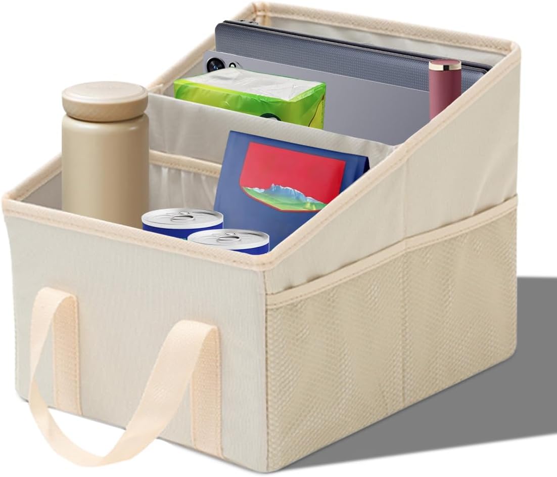 Craedli Car Seat Organizer, Collapsible Trunk Organizer Backseat Car Storage Box with 2 Compartments and Multiple Pockets, Passenger Seat Organizer with Handles for Front/Back Consoles (Beige)