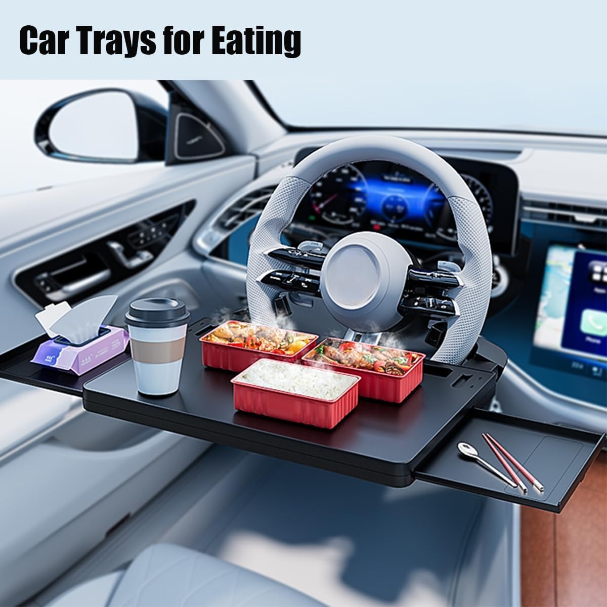 2 in 1 Large Steering Wheel Desk with Dual Slide-Out Trays & Laptop Holder, Steering Wheel Table Tray Fits for Most Cars, Adjustable Laptop Tray for Car