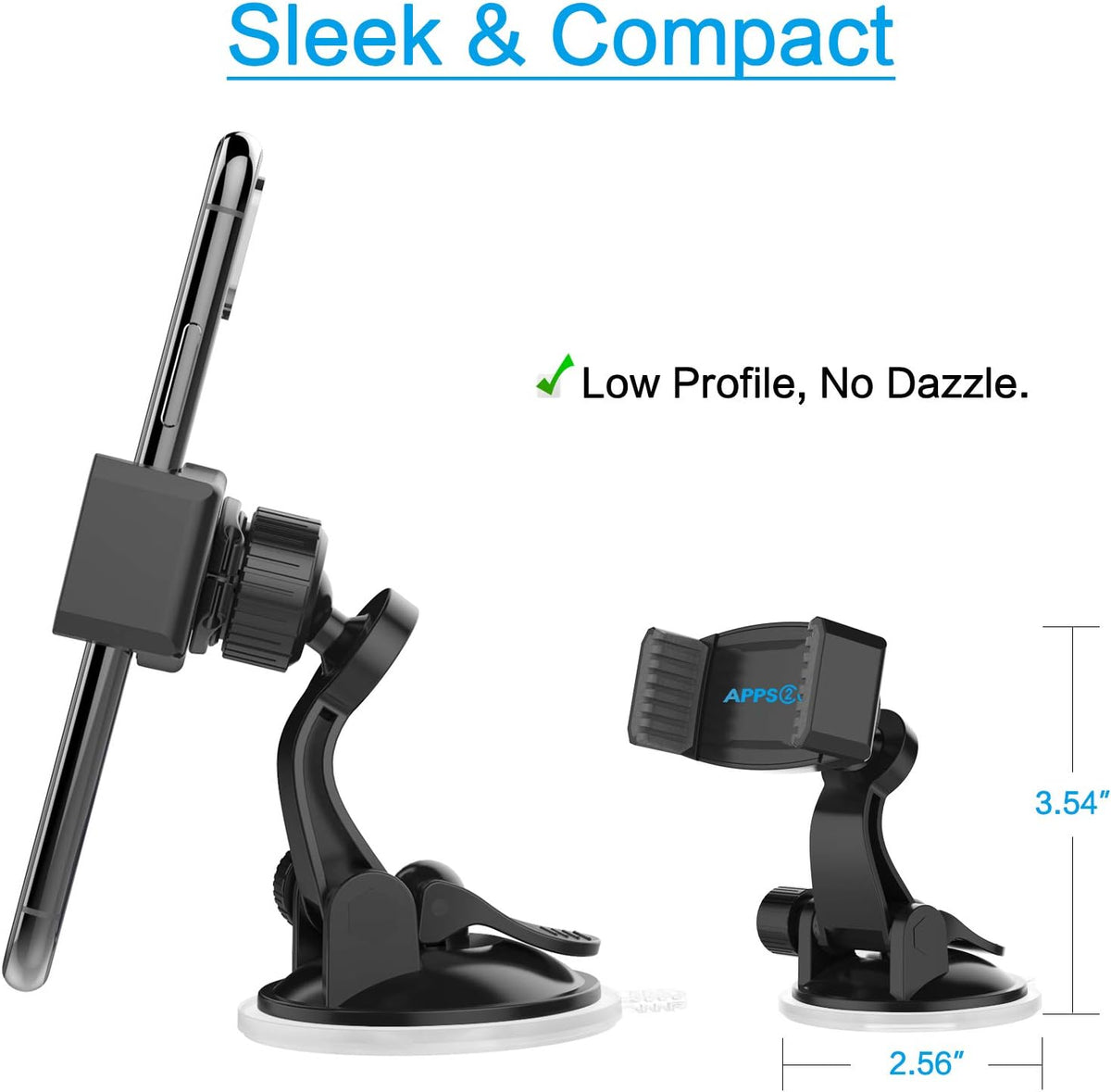 APPS2Car Suction Cup Phone Holder for Car with Adjustable Arm, Low Profile Dashboard Phone Mount Compact Windshield Window Dash Mobile Stand Compatible w/All iPhone and Android Cell Phones