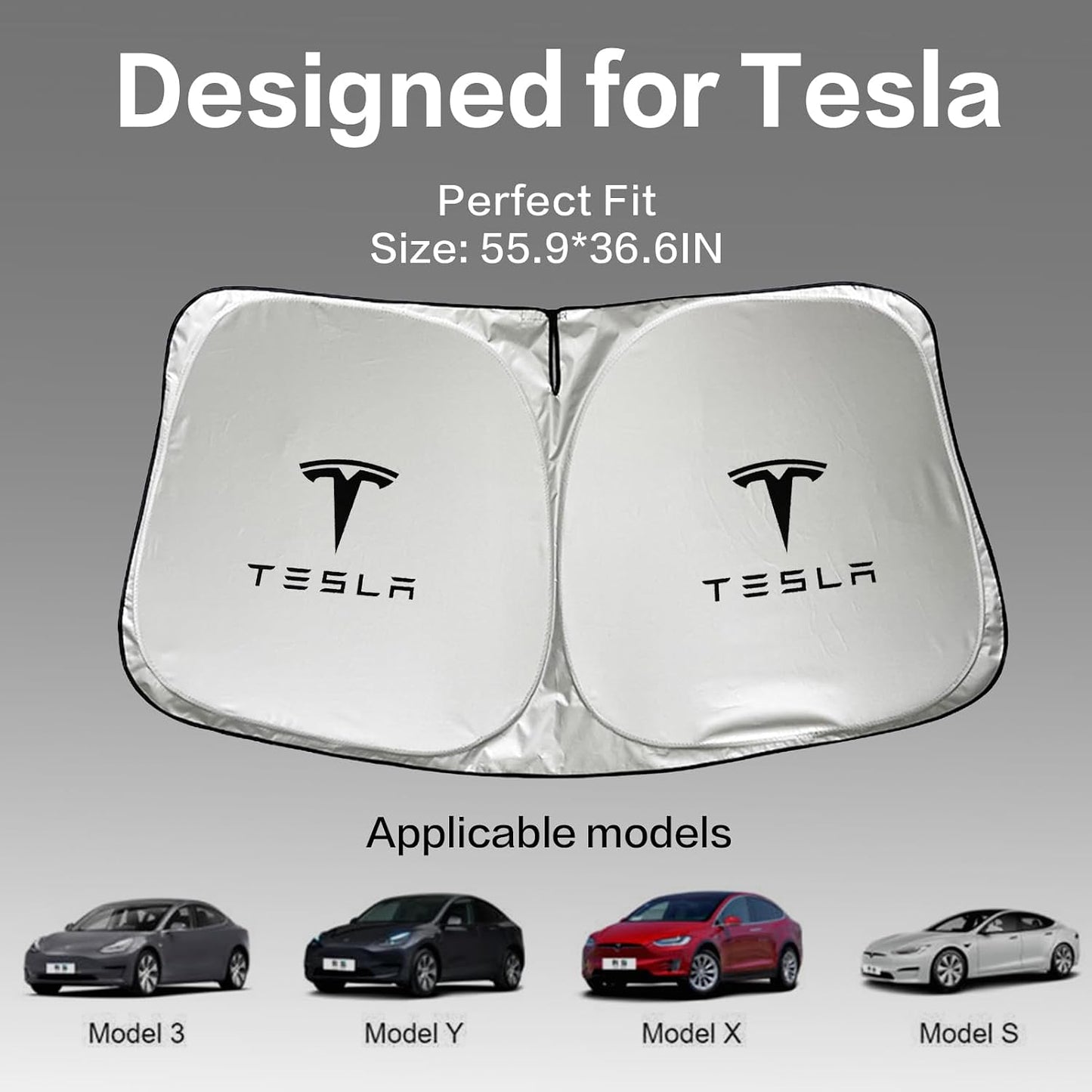 300T Sunshade for Tesla Model Y Model 3, Car Accessories 2026 for Tesla, Front Window Sunshade with Organizer Bag, Gifts for Tesla Owners