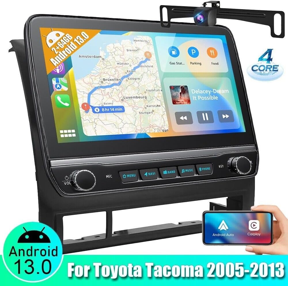 Android 13 Car Carplay Radio Compatible for Toyota Tacoma 2005-2013, 10.1inch IPS HD Touch Screen Stereo with WiFi/GPS Navigation/SWC/Bluetooth/Mirror Link/FM/RDS/AHD Backup Camera - 2+32GB