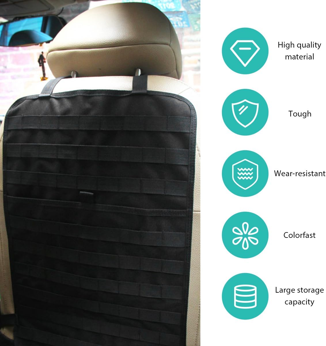 2 PCS Car Seat Back Organizer, Tactical MOLLE Sag Proof Vehicle Panel Backseat Cover Protector, Universal Molle Nylon Storage Bag Seat Back Hanger Pad for Car Truck SUV Pickup (Black)