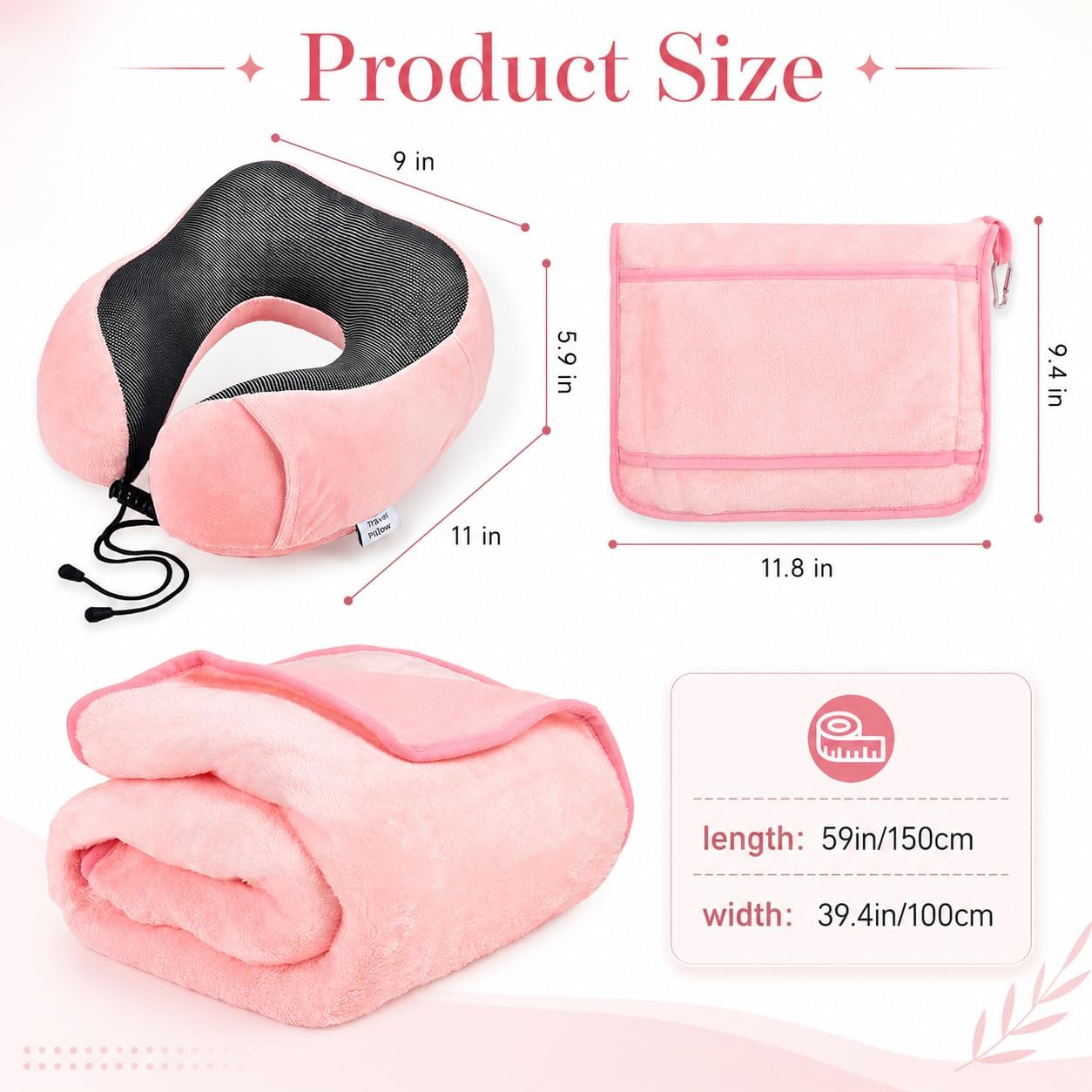 Travel Blanket and Pillow Set - Travel Neck Pillow & Blanket for Airplane, Thick Fleece Blankets Campact with Bag, Memory Foam Neck Pillows, Sleep Mask, Earplugs for Plane Traveling Essentials, Pink