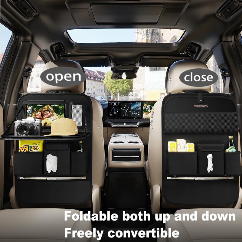 GMQ Back Seat Car Organizer 1 Pack,Backseat Organizer with Tray,Multifunctional Car Seat Back Storage Box with Foldable Tablet Holder (Black, Plain weave)