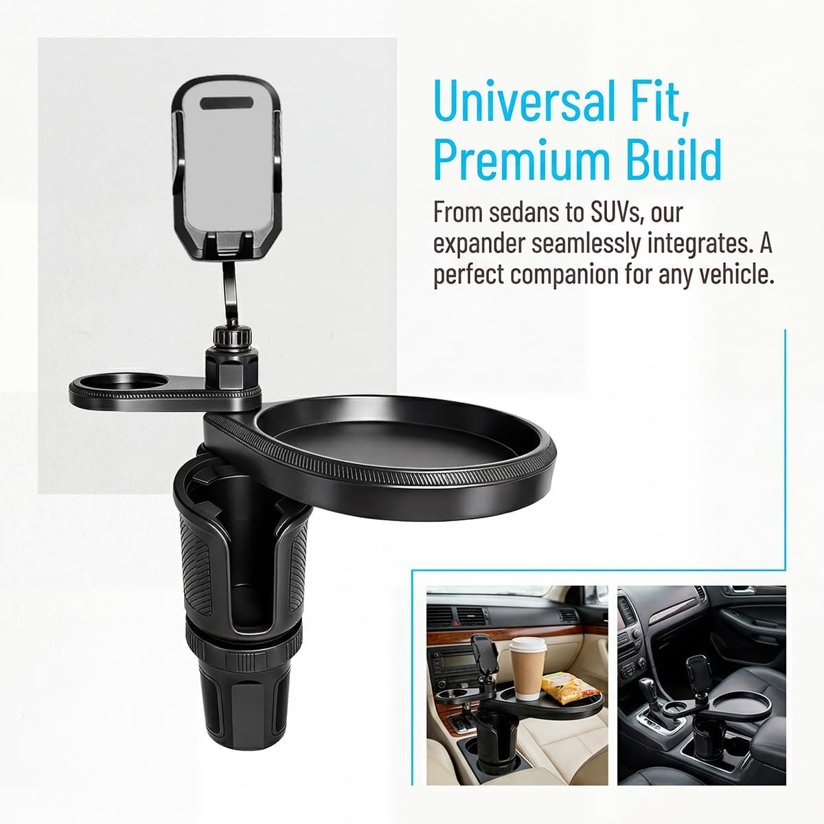 Car Cup Holder Tray, 4-in-1 Vehicle Drink Holder Expander Adapter with Phone Holder & Food Tray Table, Auto Center Console Cupholder Eating Table Organizer for Road Trip, Universal Fit (Gray)