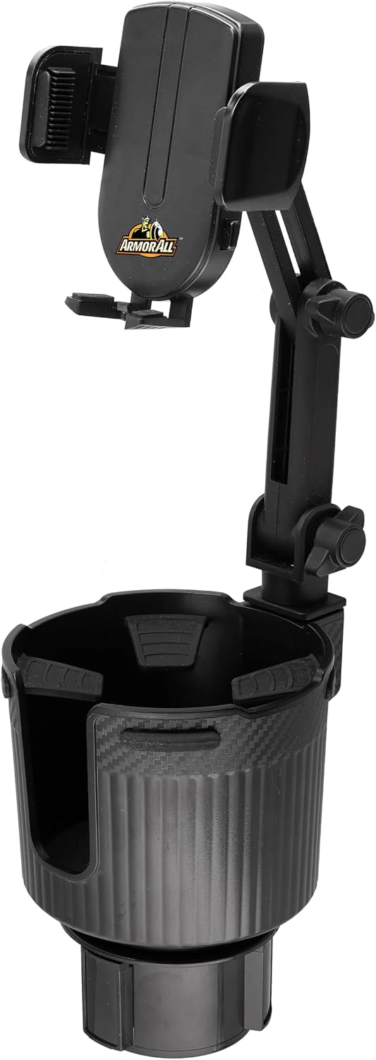 Armor All 2-in-1 Cup Holder Cell Phone Holder, Dual Cellphone Car Mount and Cupholder, XL Cupholder Holds Bottles, 6” in Arm 360° Degree Rotatable, Swivel Phone Mount Fits Most Phones, Expandable Base
