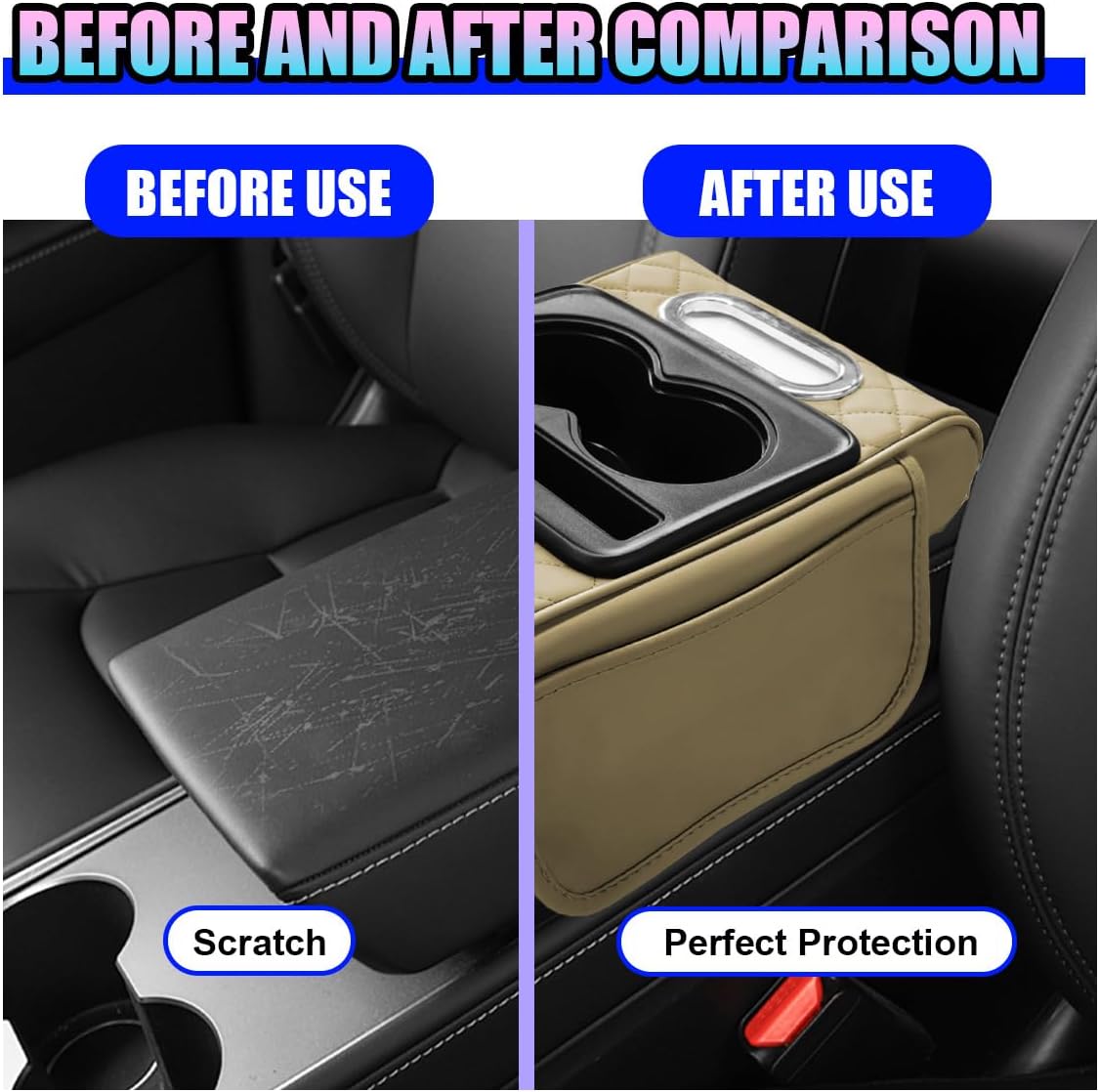 Leather Car Center Console Cover, Armrest Booster Cushion, Beige