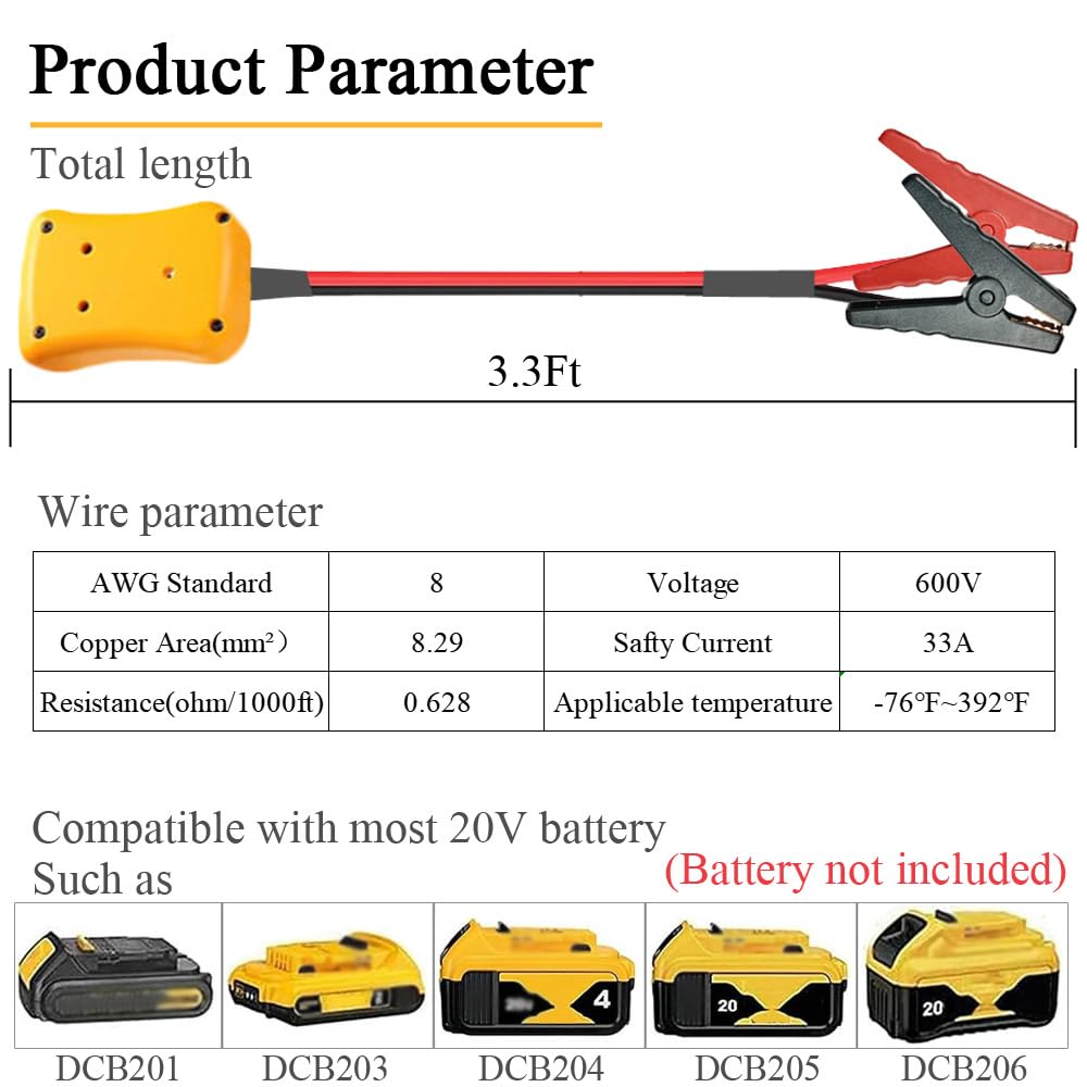 Jumper Cables with Adapter Compatible with Dewalt 20V Battery, 3.3FT 8AWG