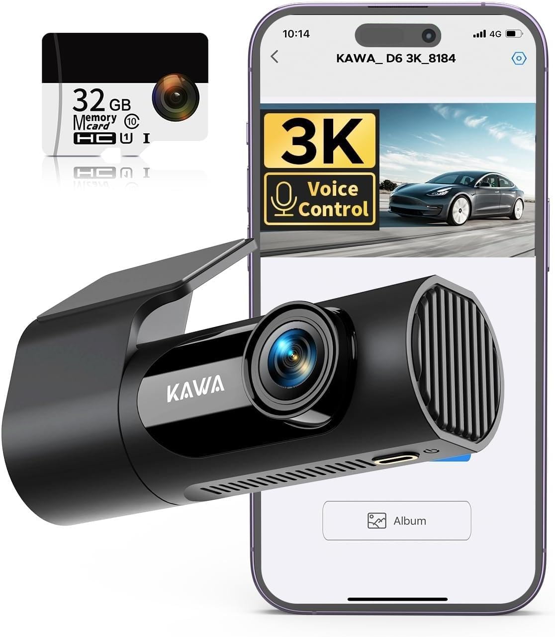KAWA 3K Dash Cam Front, 360°Rotation, Voice Control, Wi-Fi Dashcam for Cars