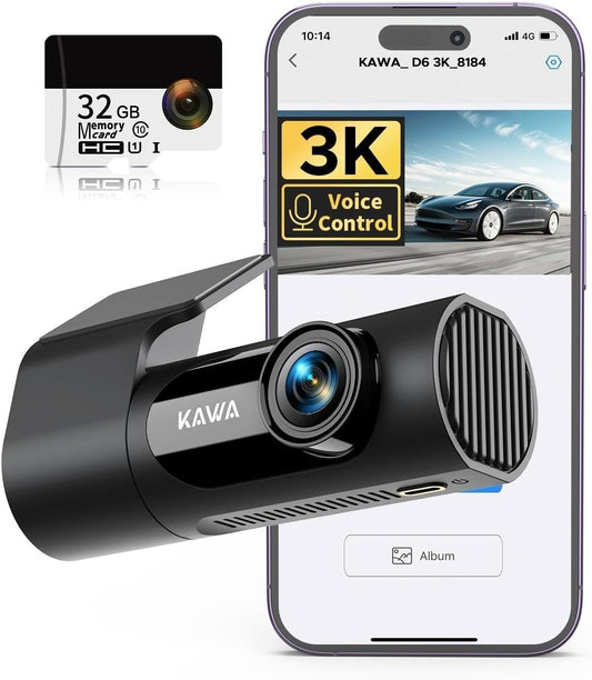 KAWA 3K Dash Cam Front, 360°Rotation, Voice Control, Wi-Fi Dashcam for Cars